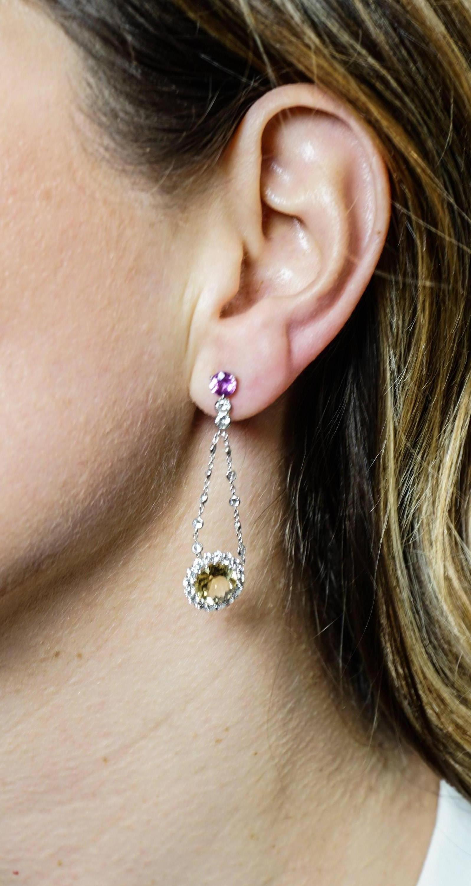 Pink Sapphire and Yellow Beryl Drop Earrings In New Condition In Greenwich, CT