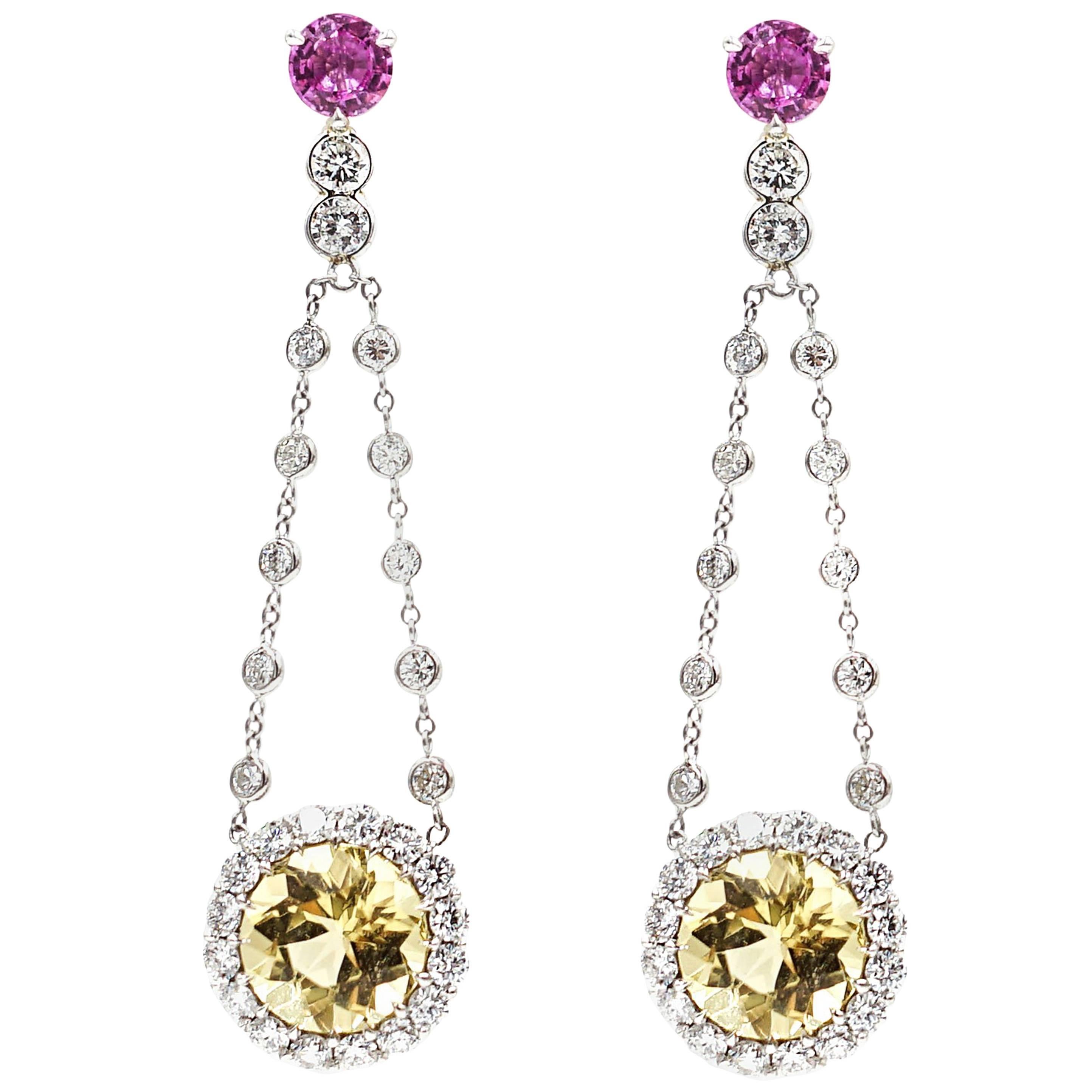Pink Sapphire and Yellow Beryl Drop Earrings