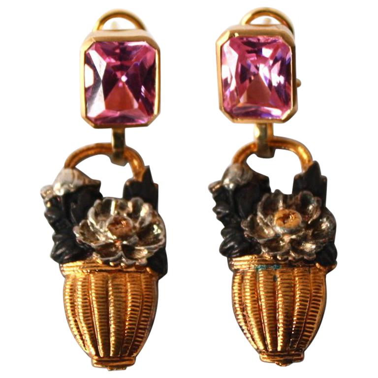 Pink Sapphire Antiques Japanies Menuki 18 Karat Gold Earrings For Sale