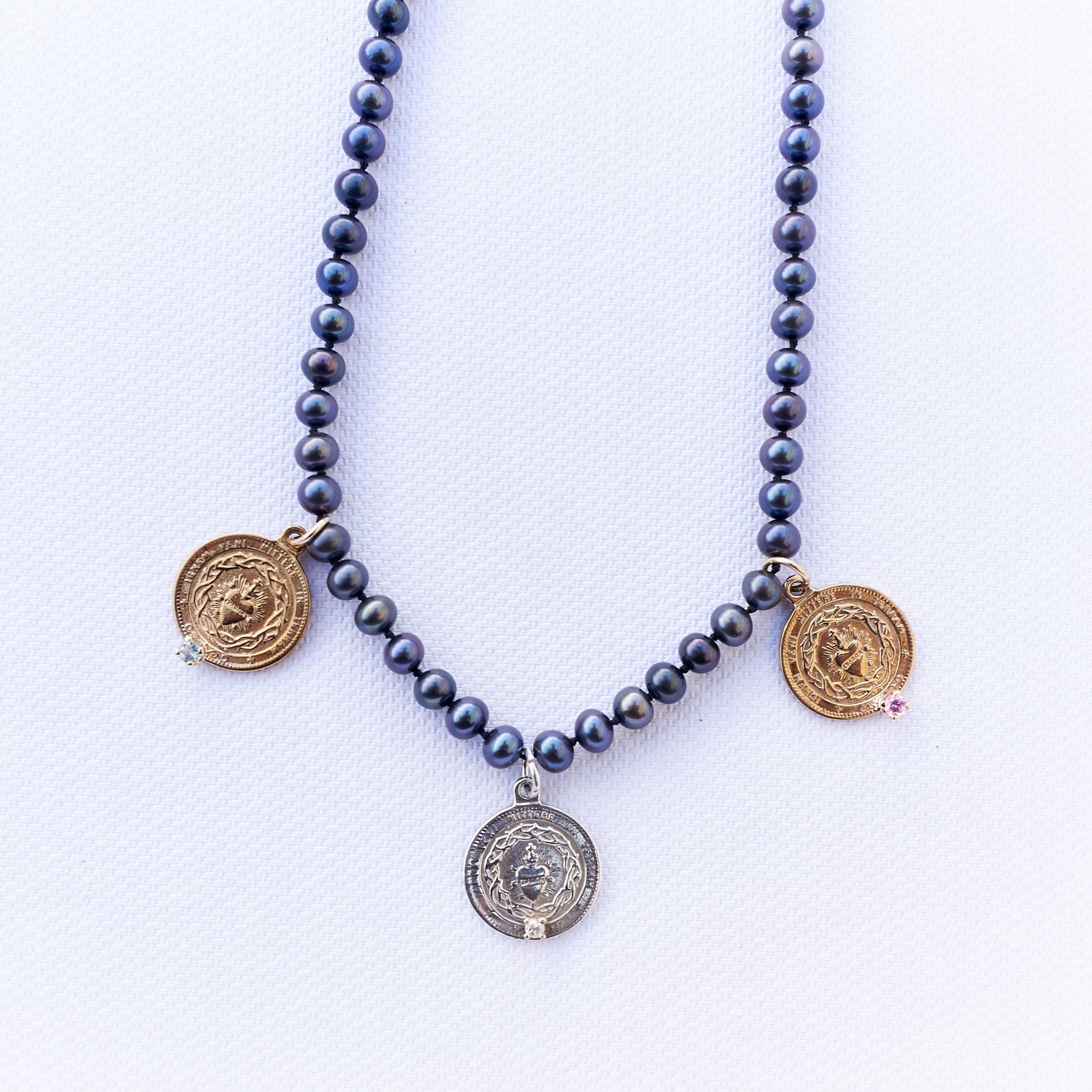 Brilliant Cut Sacred Heart Medal Necklace Black Pearl For Sale
