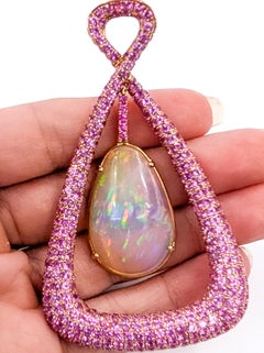 Australian Crystal Opal & Pink Sapphire Pave Pendant in 18k Rose Gold