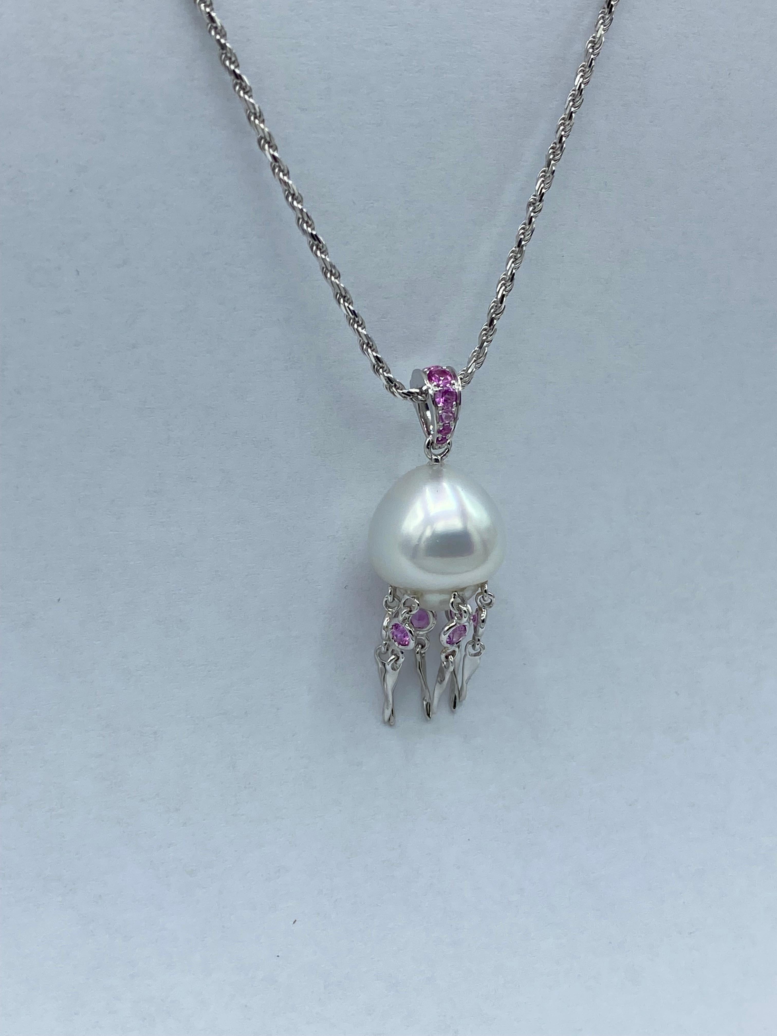 Pink Sapphire Australian Pearl 18 Karat White Gold Pendant/Necklace Jellyfish 4