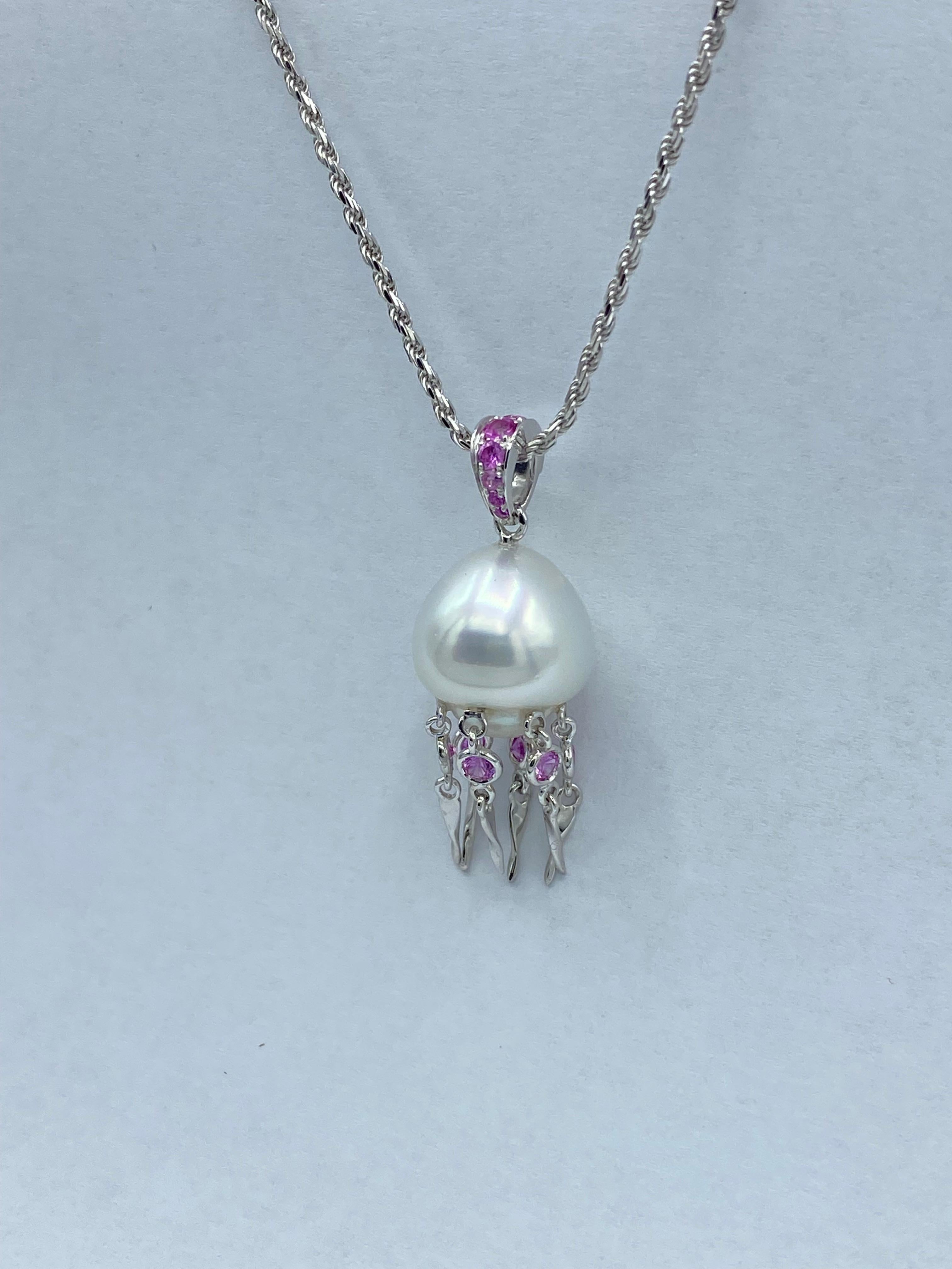 Pink Sapphire Australian Pearl 18 Karat White Gold Pendant/Necklace Jellyfish 5
