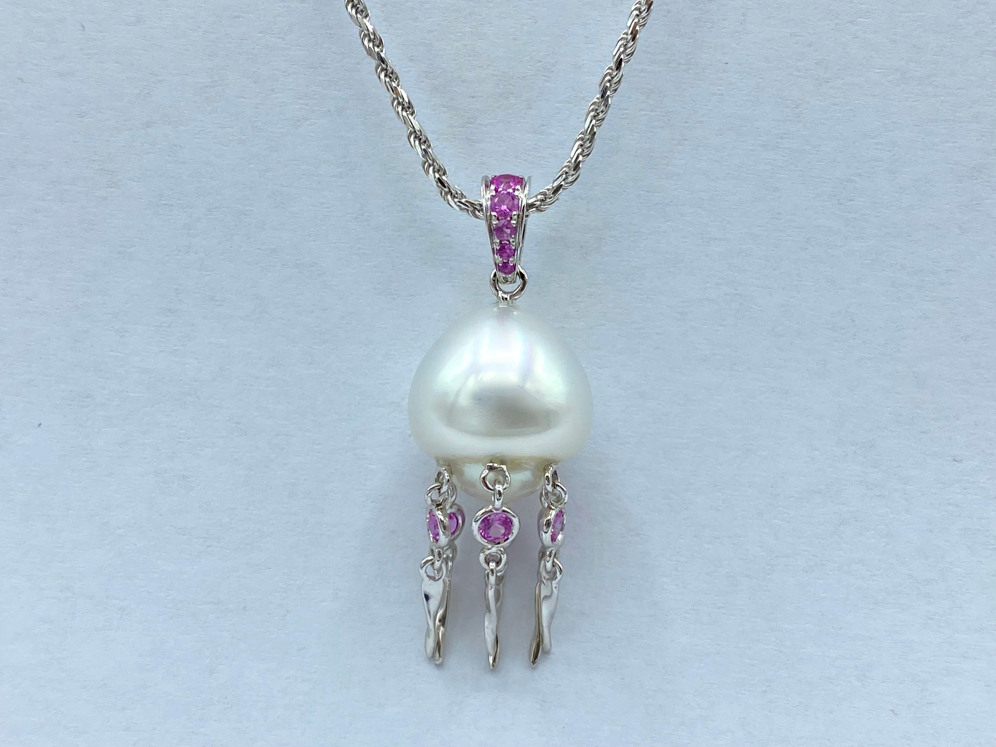 Jellyfish White Diamond Australian Pearl 18Kt White Gold Pendant/Necklace
I used a beautiful 14.5x13.5mm pearl to make a jellyfish. Its shape reminded me of a head and so I created diamond-encrusted tentacles, which vibrate with every little