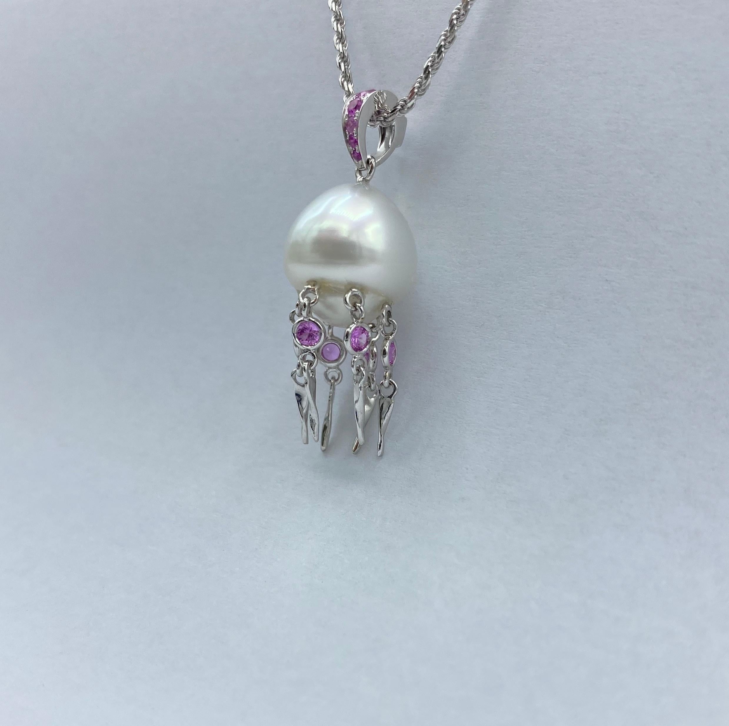 Artisan Pink Sapphire Australian Pearl 18 Karat White Gold Pendant/Necklace Jellyfish