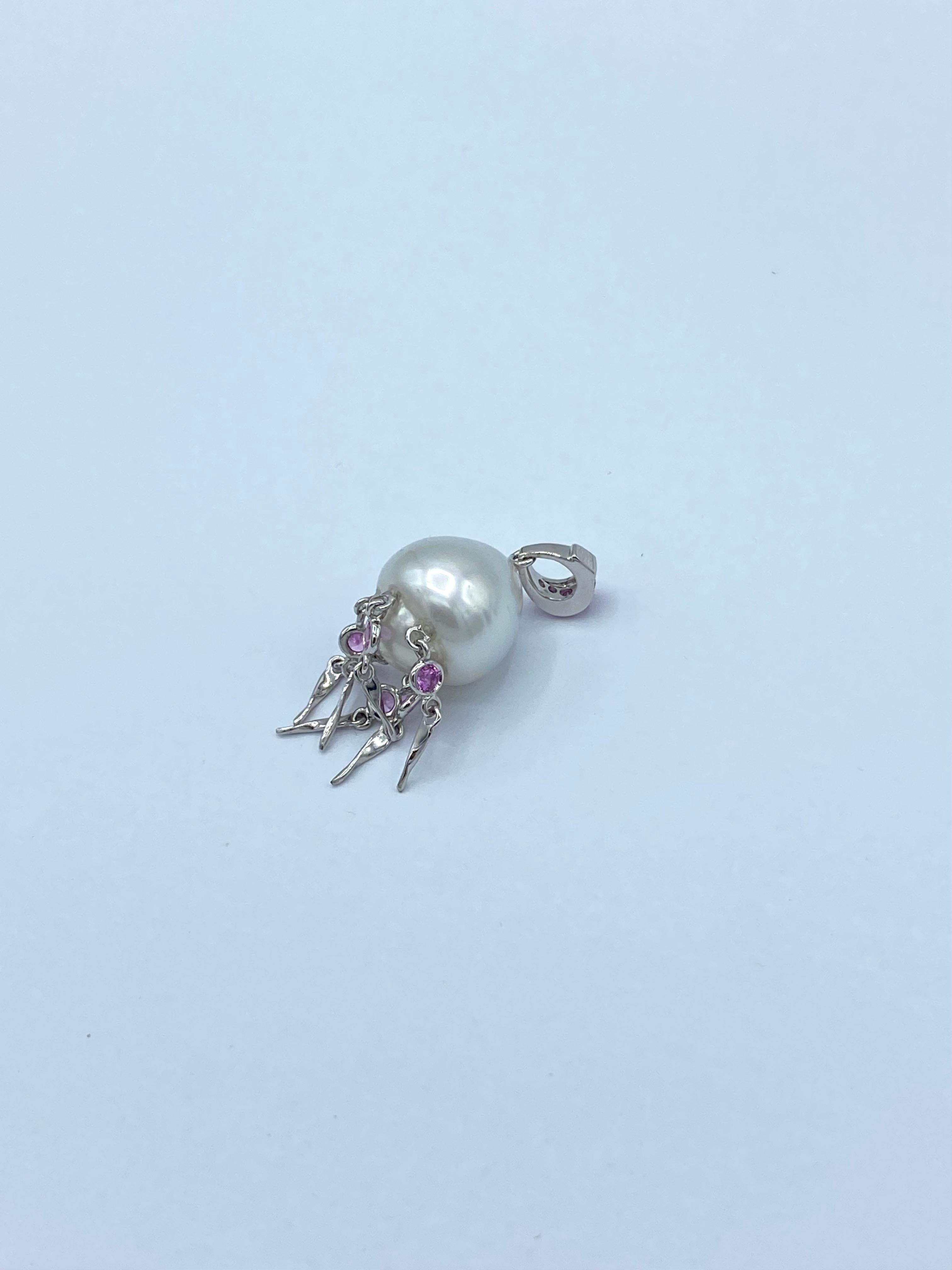 Round Cut Pink Sapphire Australian Pearl 18 Karat White Gold Pendant/Necklace Jellyfish