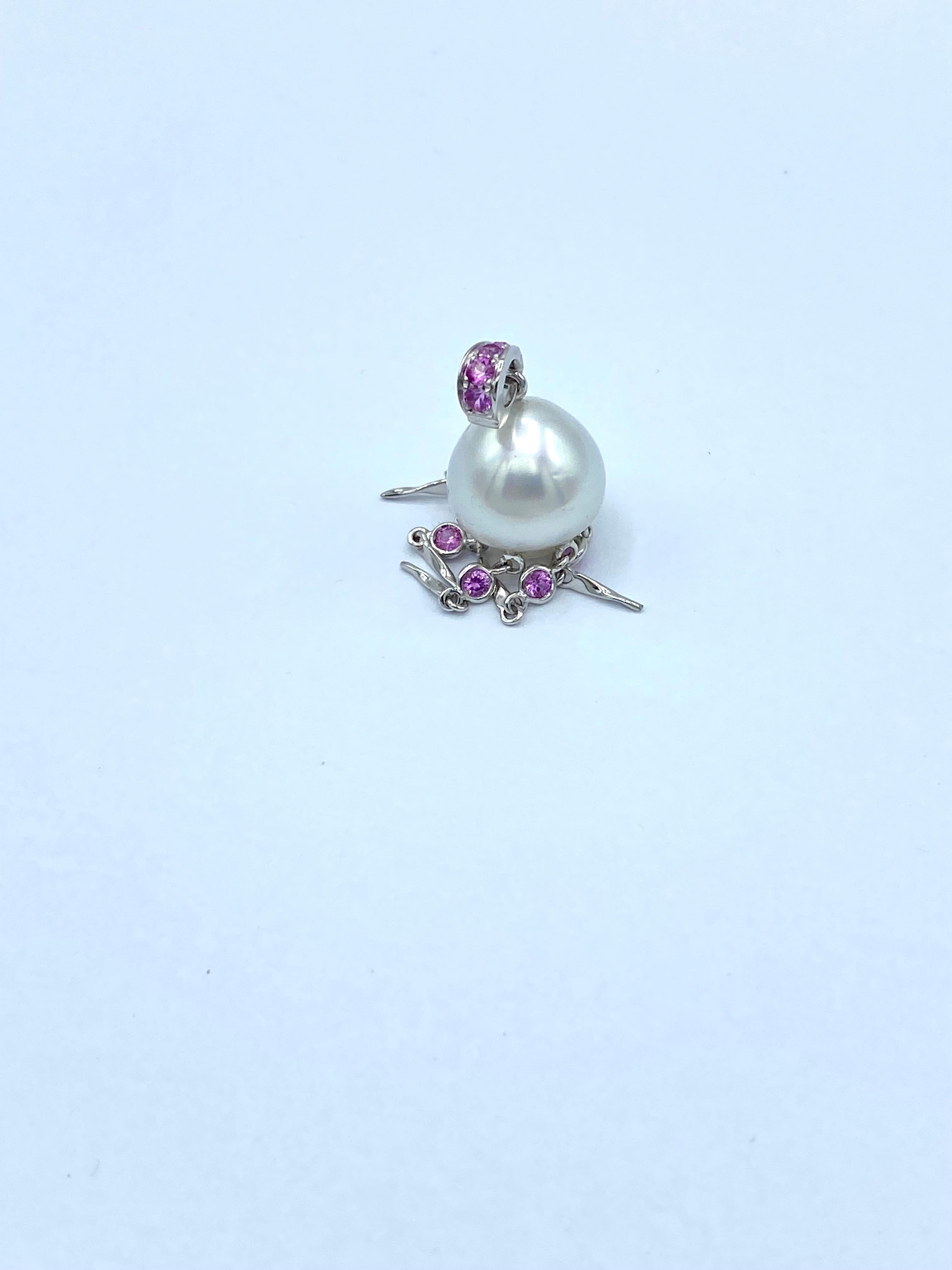 Pink Sapphire Australian Pearl 18 Karat White Gold Pendant/Necklace Jellyfish In New Condition In Bussolengo, Verona