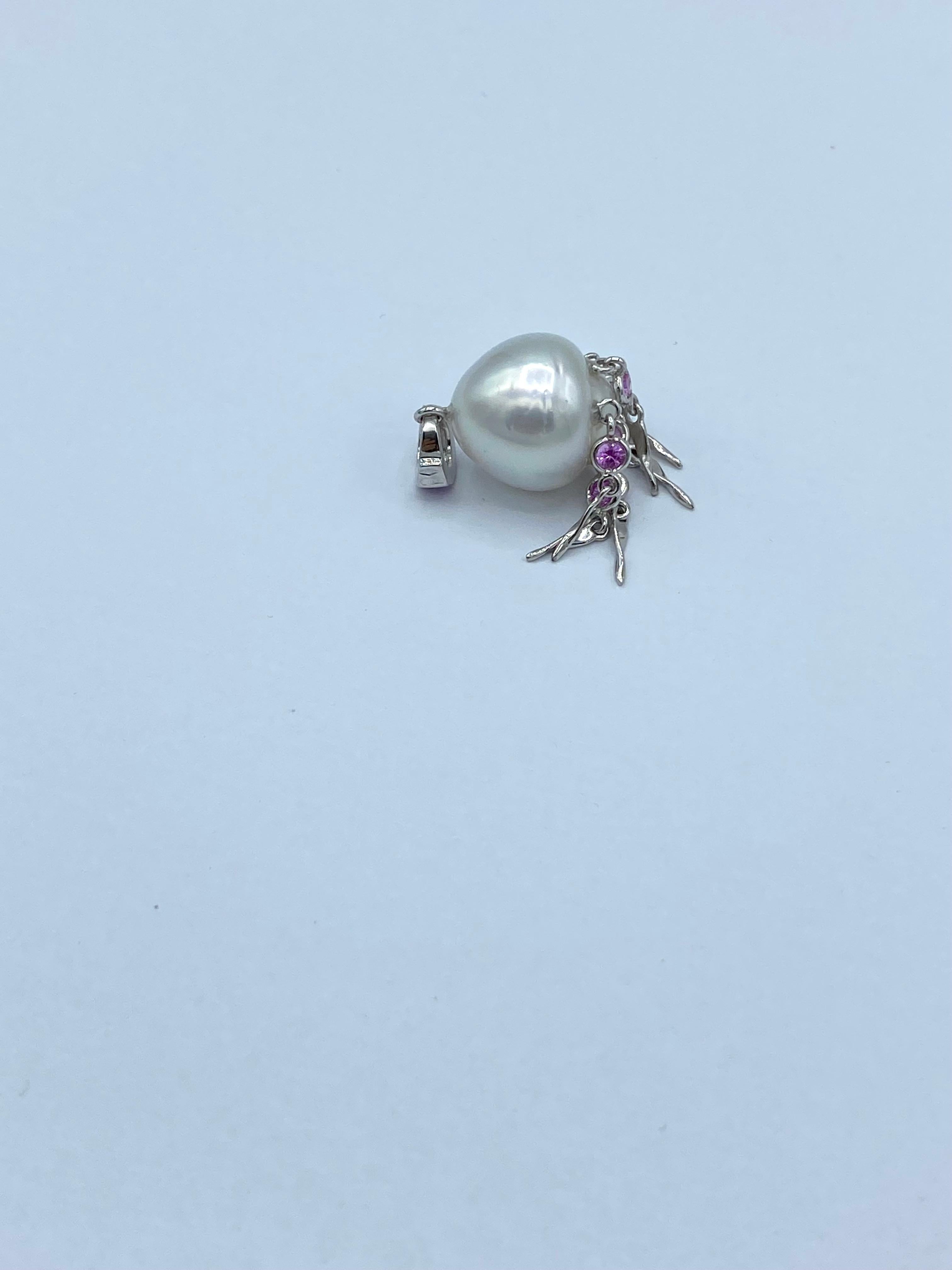 Women's Pink Sapphire Australian Pearl 18 Karat White Gold Pendant/Necklace Jellyfish
