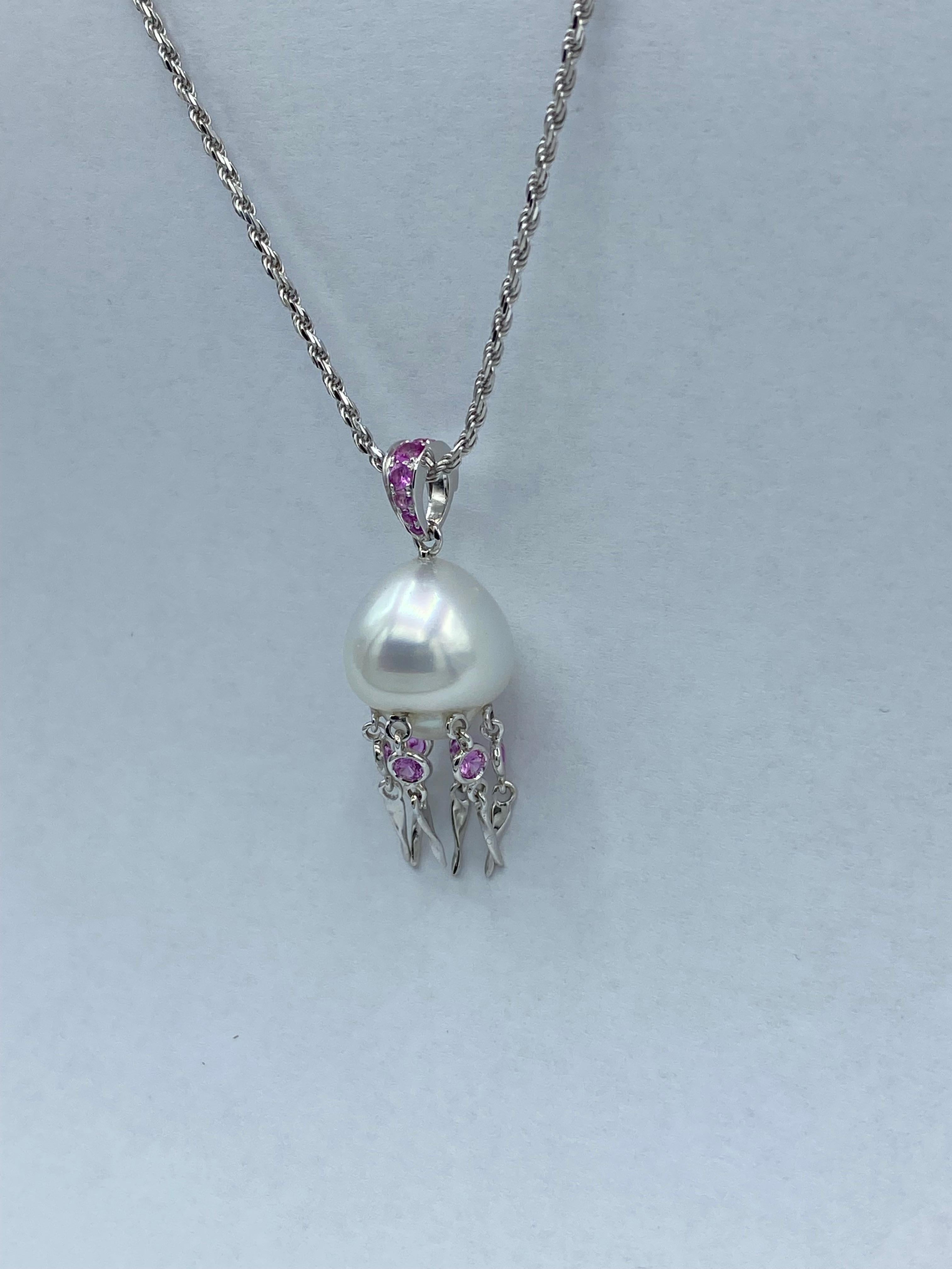 Pink Sapphire Australian Pearl 18 Karat White Gold Pendant/Necklace Jellyfish 1