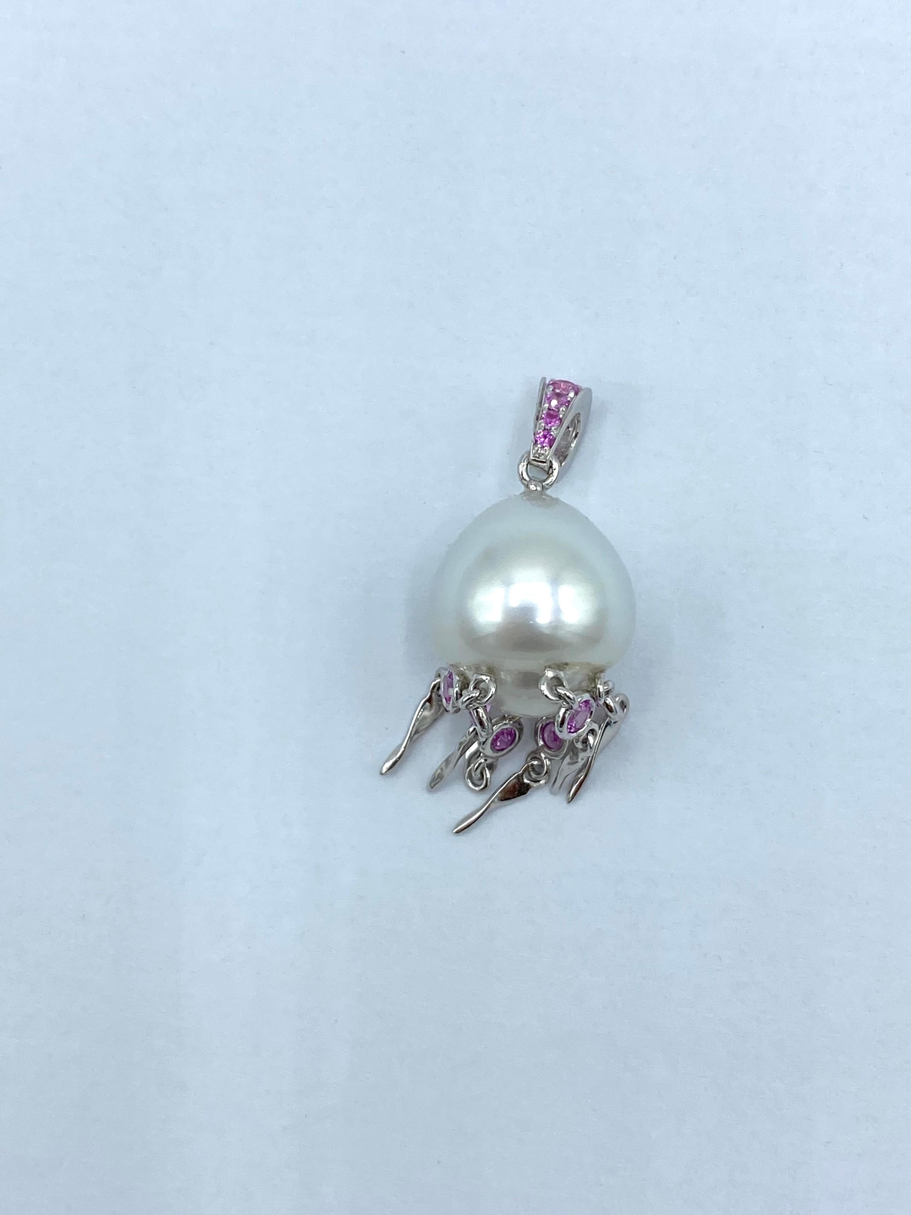 Pink Sapphire Australian Pearl 18 Karat White Gold Pendant/Necklace Jellyfish 2
