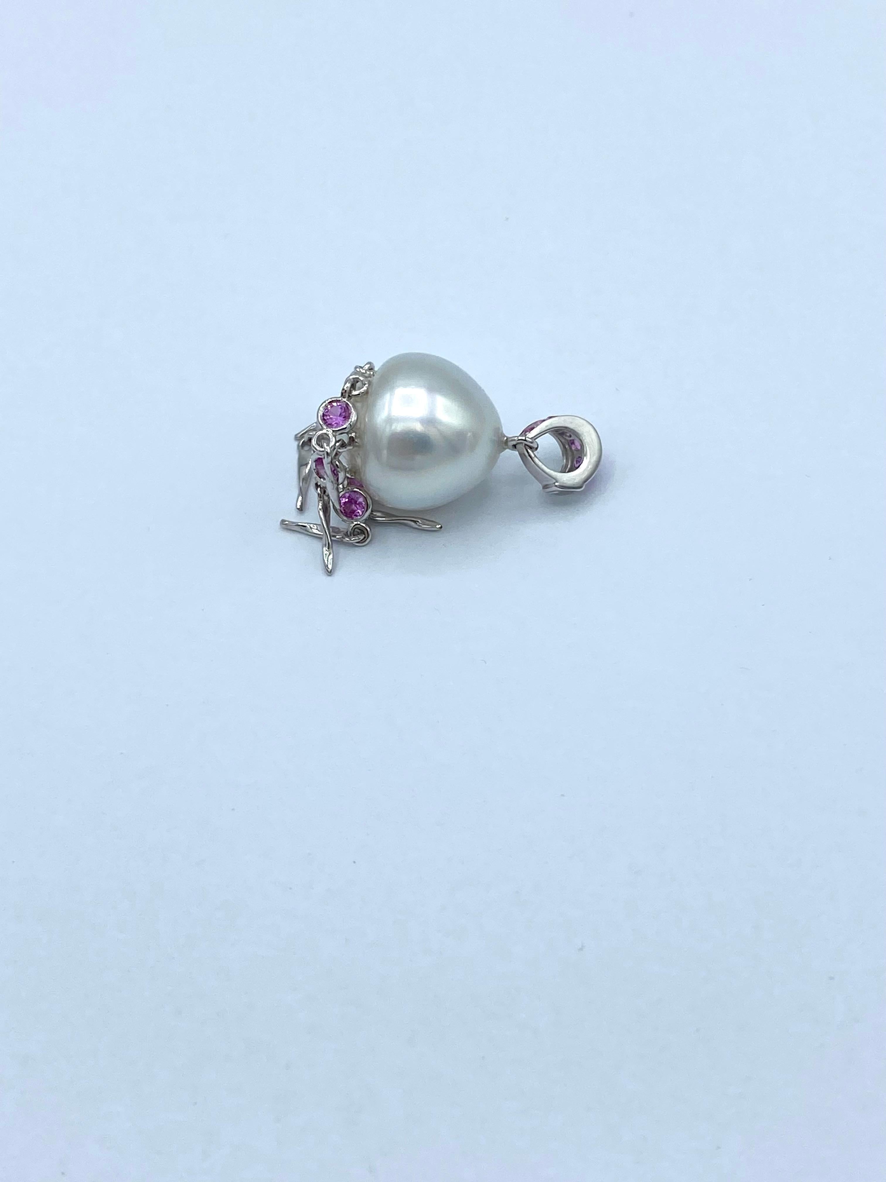 Pink Sapphire Australian Pearl 18 Karat White Gold Pendant/Necklace Jellyfish 3