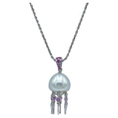 Pink Sapphire Australian Pearl 18 Karat White Gold Pendant/Necklace Jellyfish