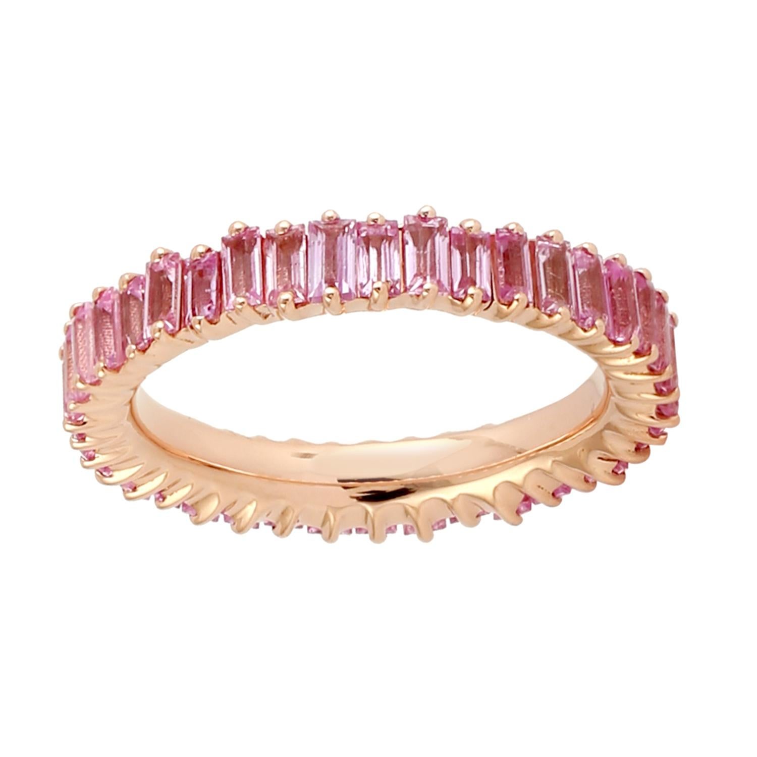 Artisan Pink Sapphire Baguette Band Ring Made In 18K Rose Gold