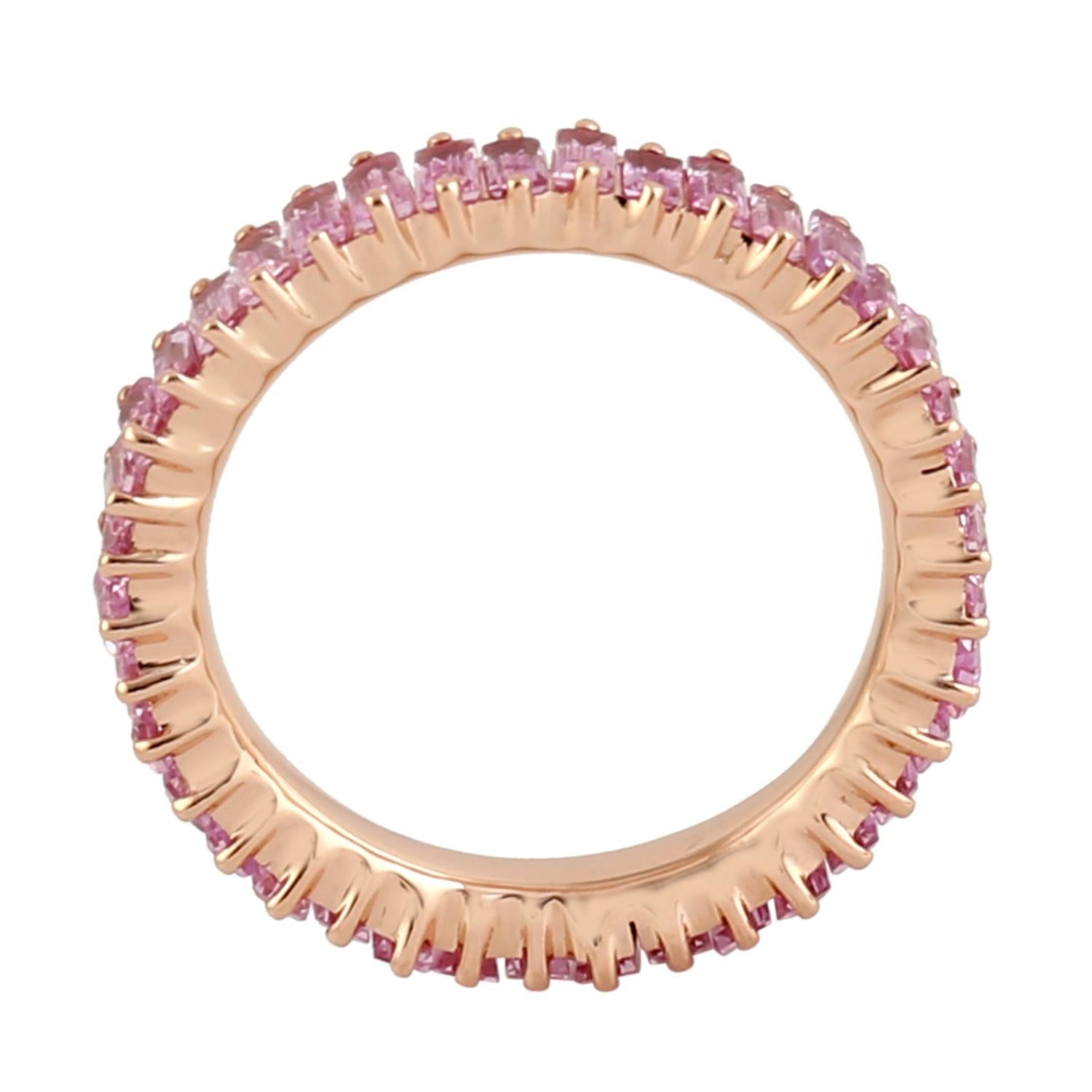 Mixed Cut Pink Sapphire Baguette Band Ring Made In 18K Rose Gold
