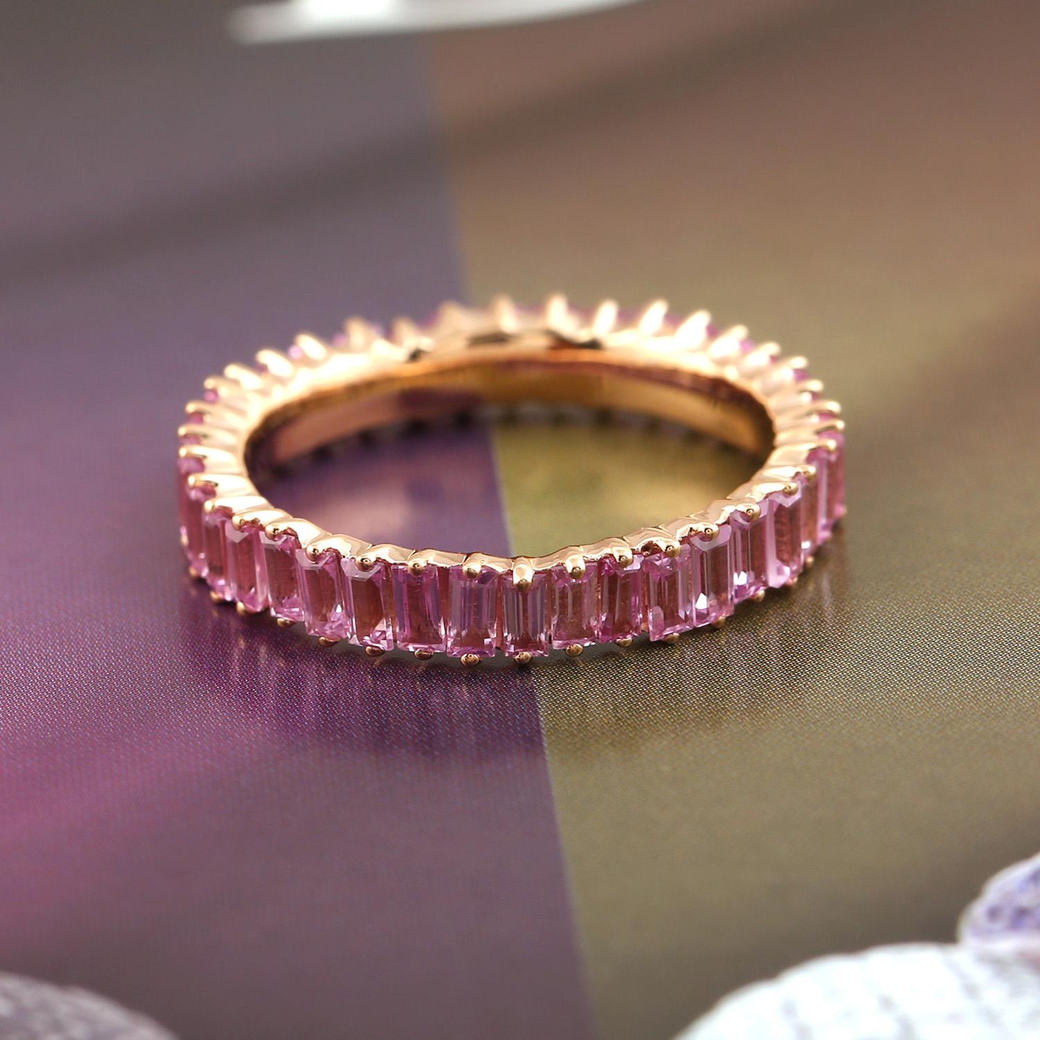 Artisan Pink Sapphire Baguette Band Ring Made In 18k Yellow Gold For Sale