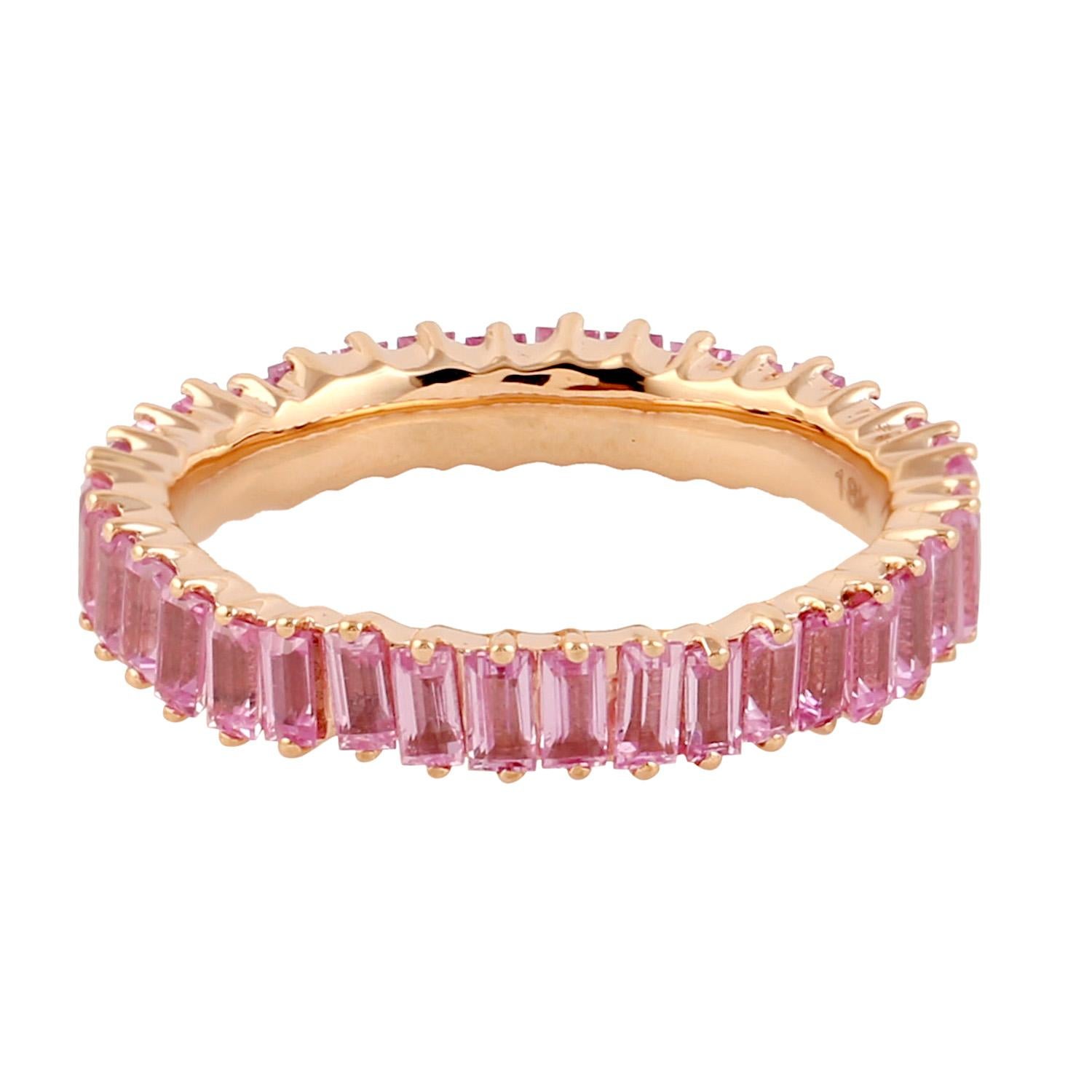 Women's Pink Sapphire Baguette Band Ring Made In 18k Yellow Gold For Sale