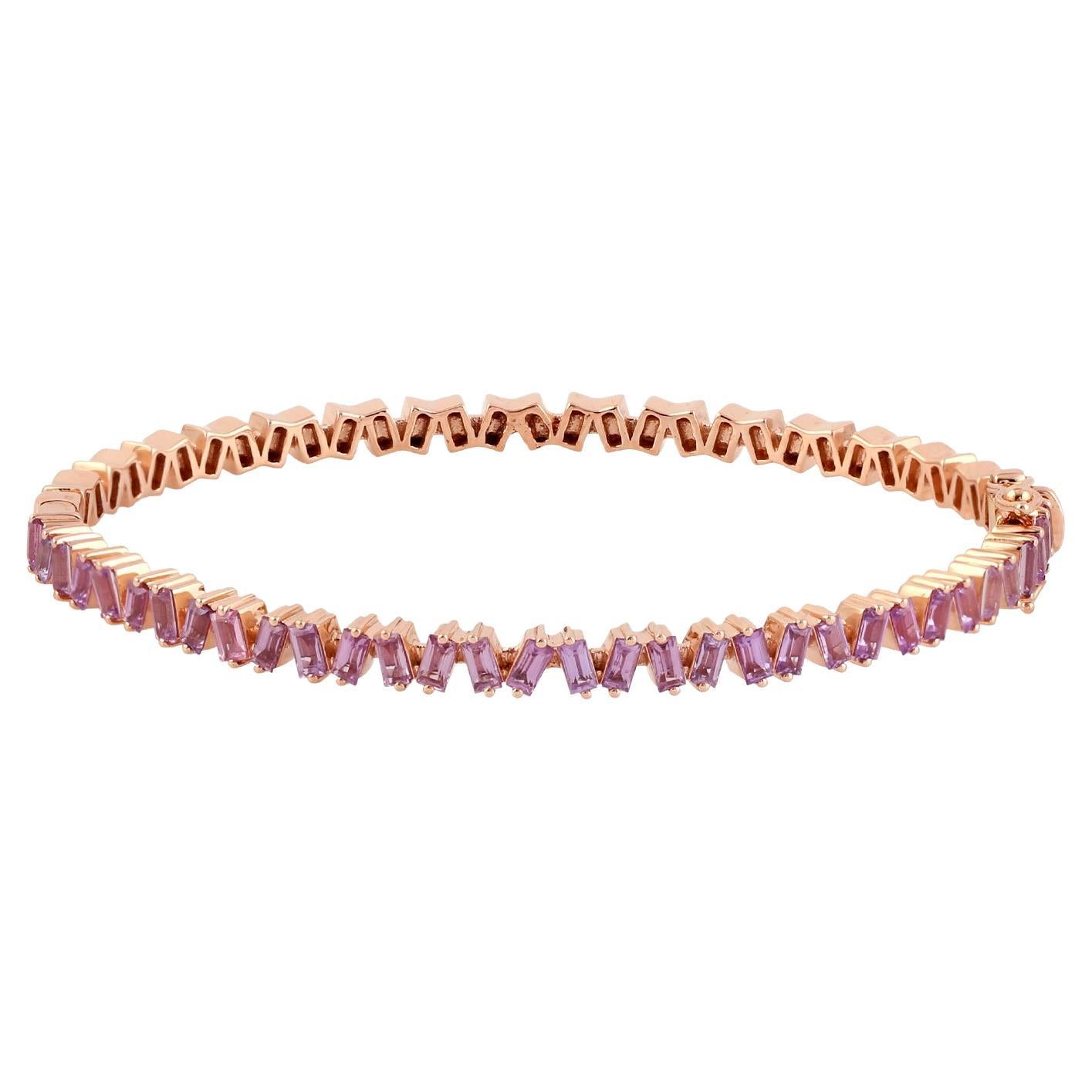 Oval Shaped Pink Sapphire Baguette Bangle Made In Rose Gold For Sale