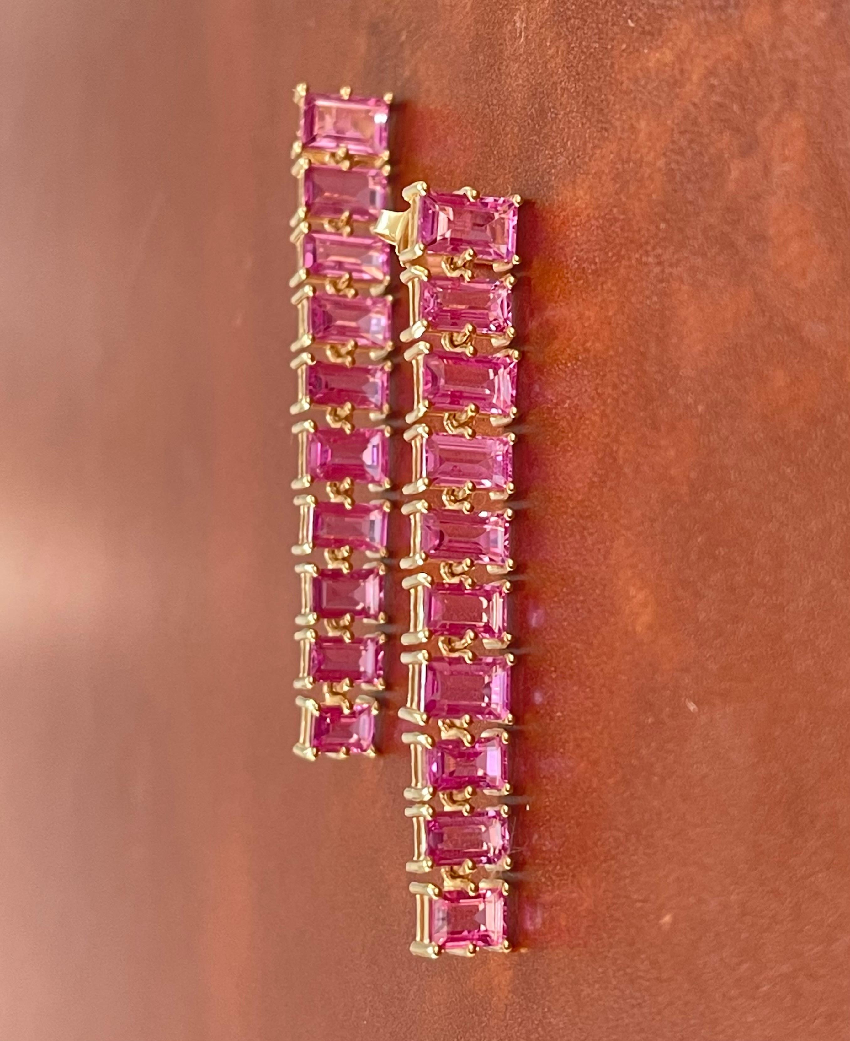 Pink Sapphire Baguette Long Earrings in Yellow Gold For Sale 4