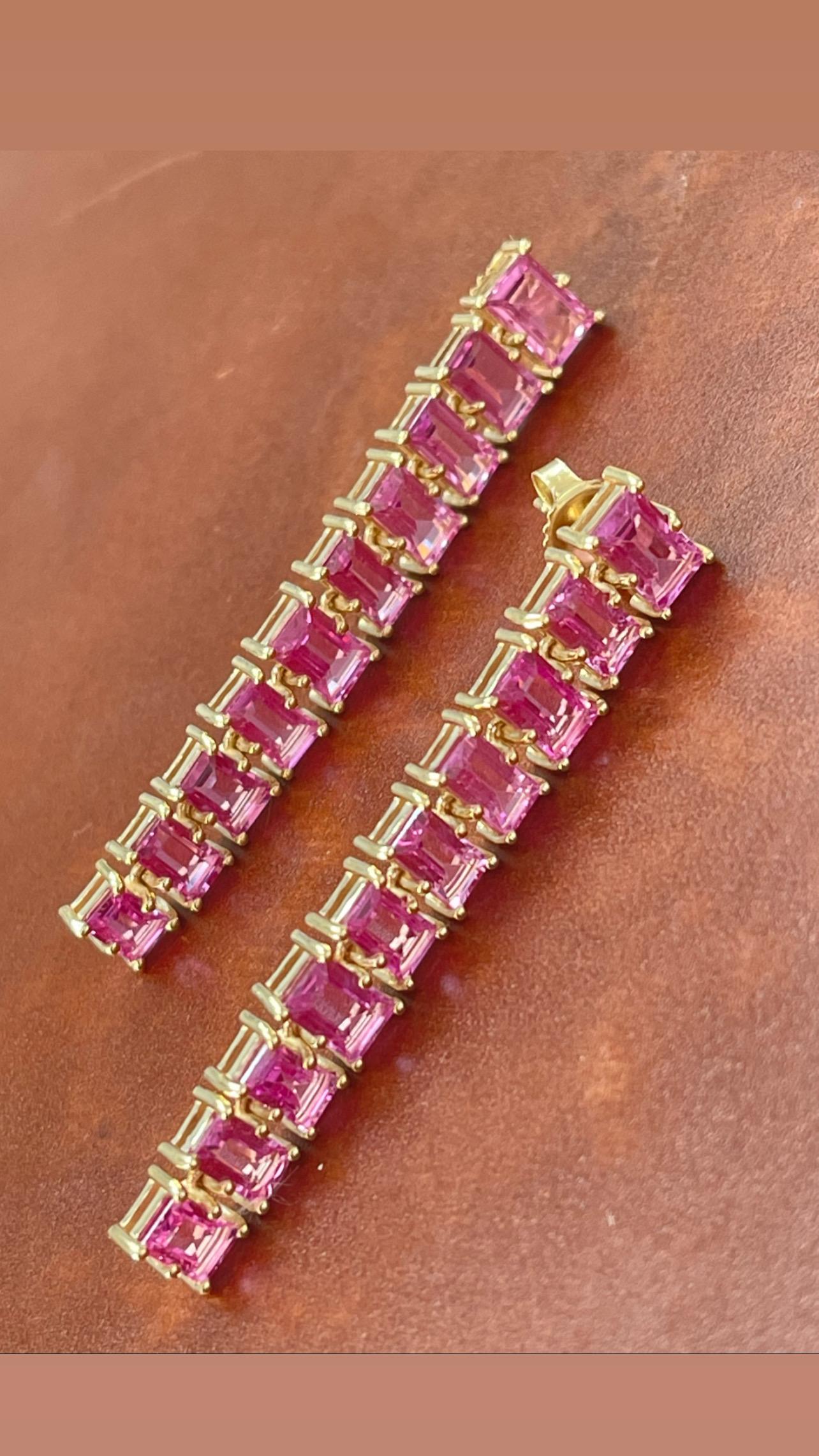 Pink Sapphire Baguette Long Earrings in Yellow Gold For Sale 6