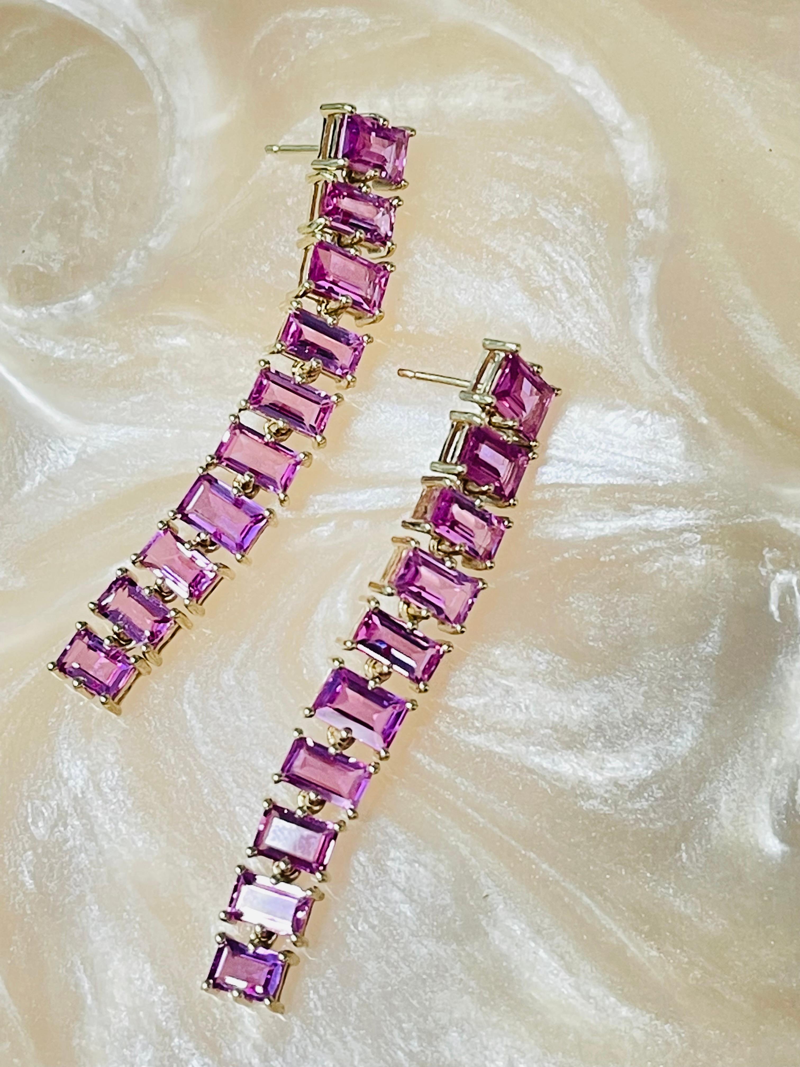 Baguette Cut Pink Sapphire Baguette Long Earrings in Yellow Gold For Sale