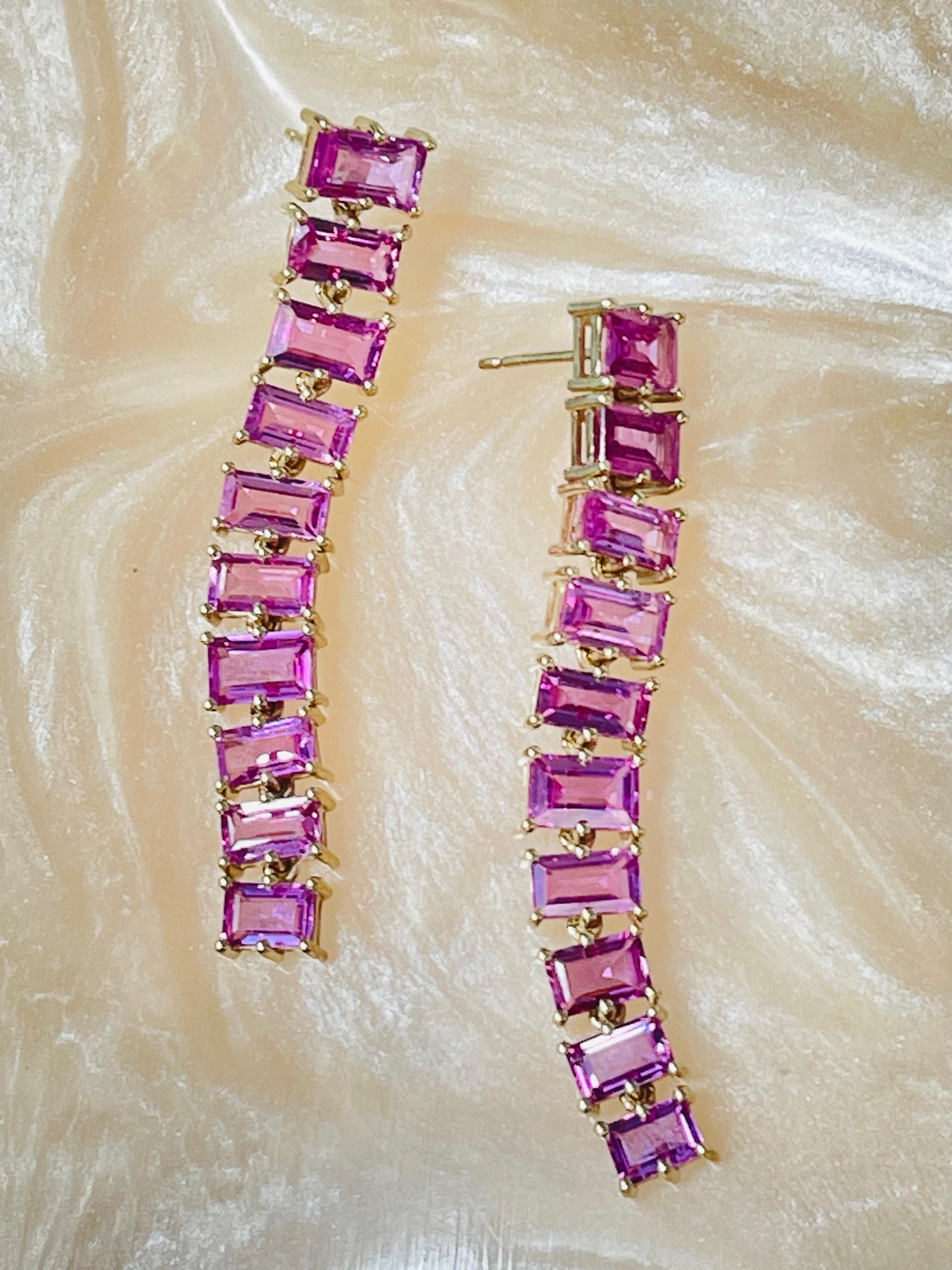 Pink Sapphire Baguette Long Earrings in Yellow Gold For Sale 1