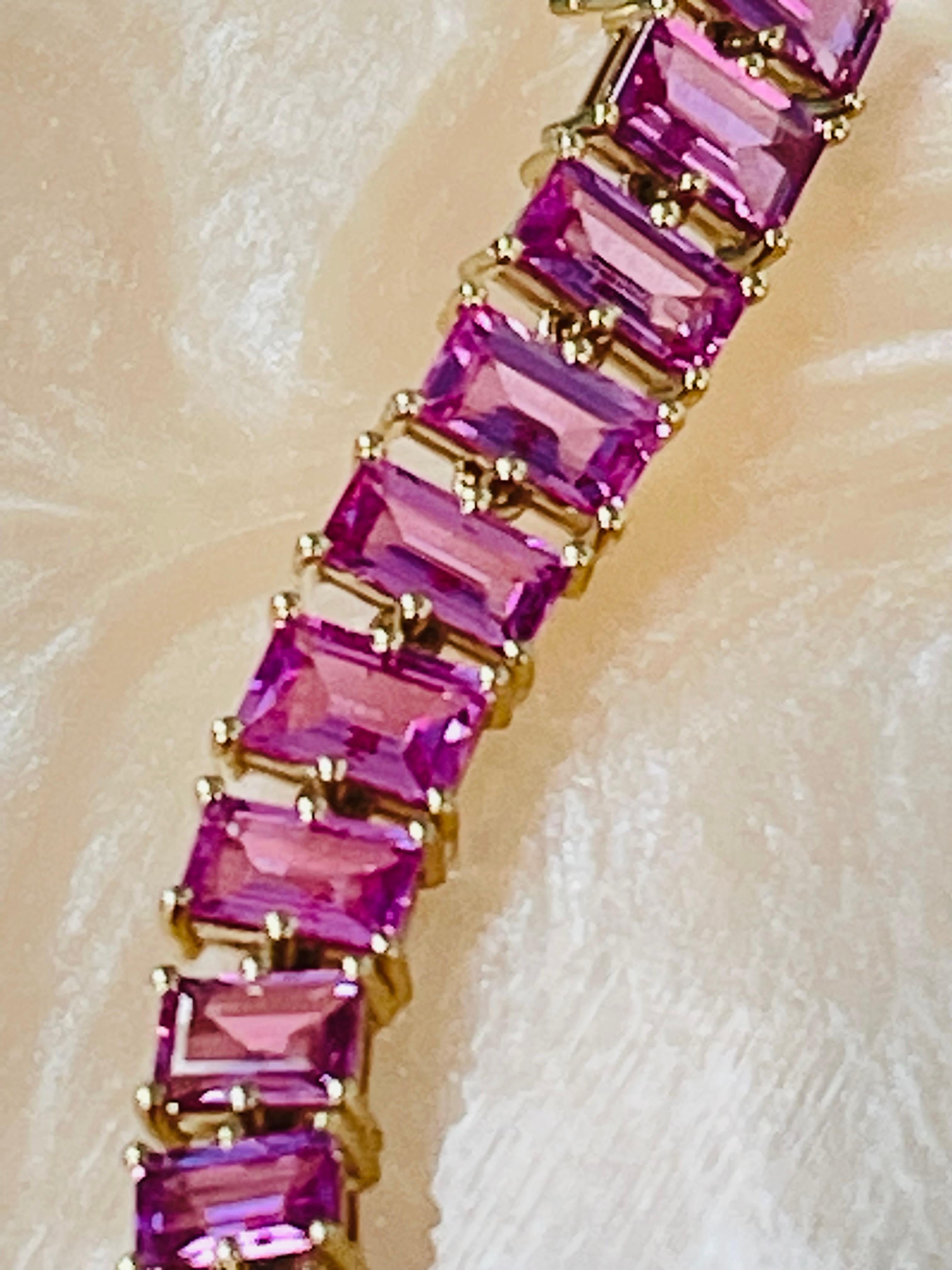 Pink Sapphire Baguette Long Earrings in Yellow Gold For Sale 2