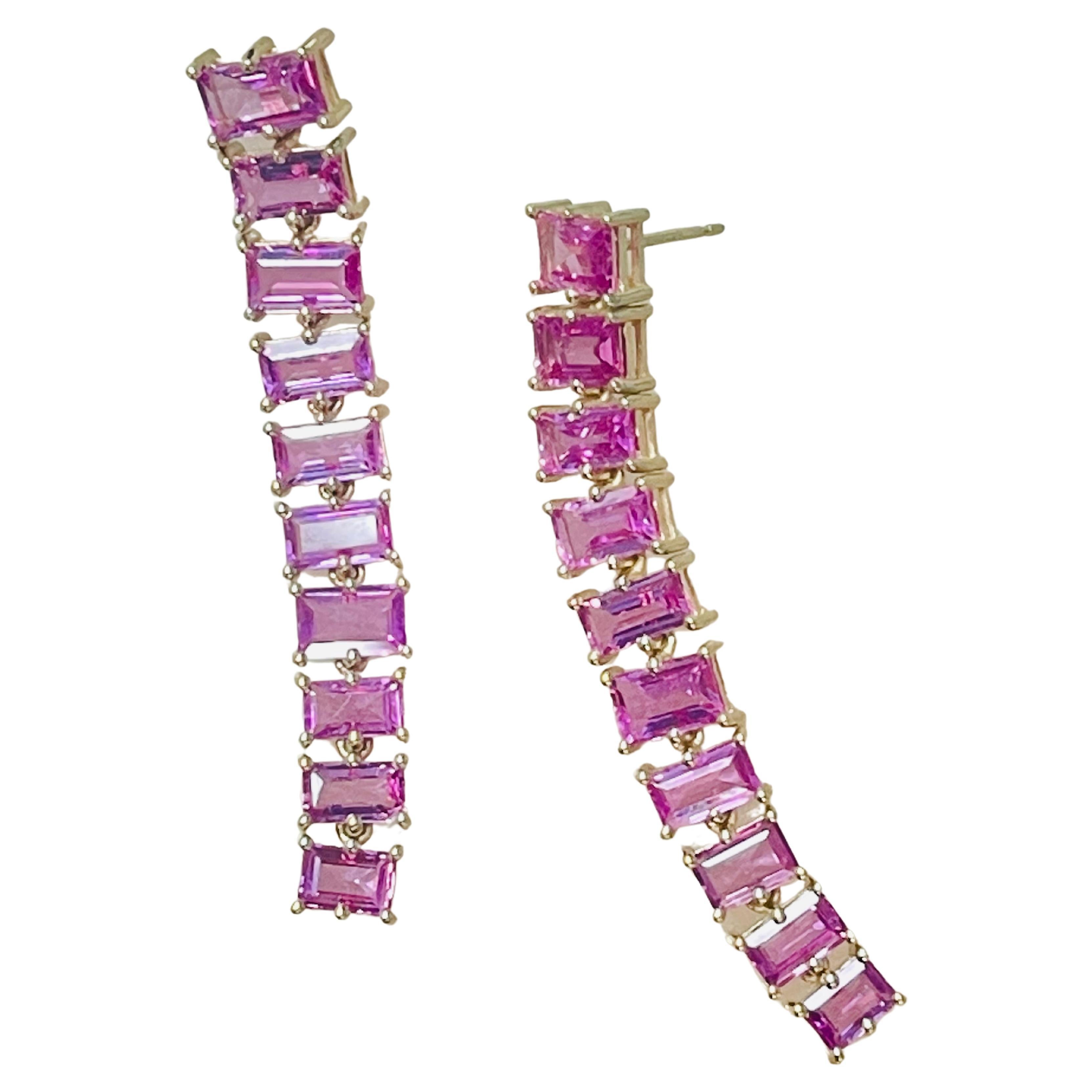 Pink Sapphire Baguette Long Earrings in Yellow Gold For Sale