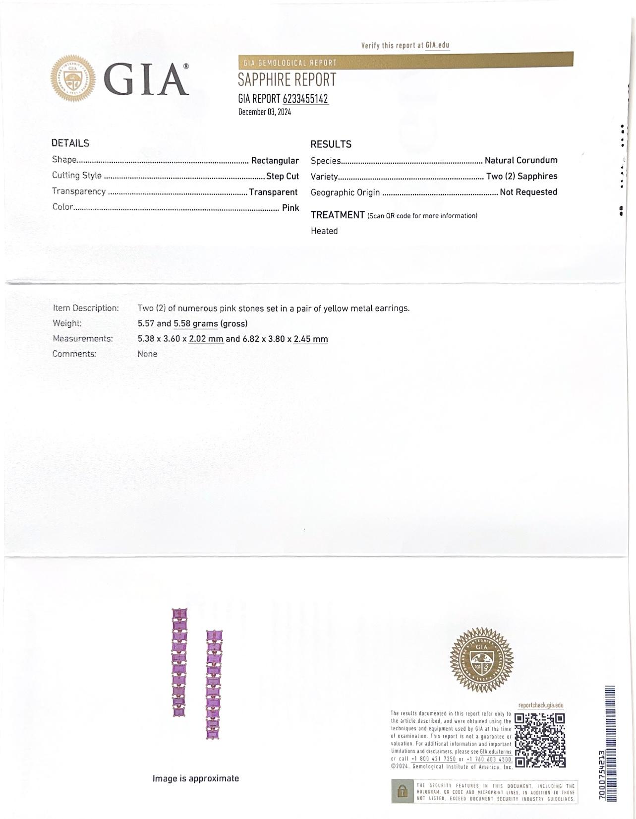 Pink Sapphire Baguette Long Earrings in Yellow Gold, GIA Certified. For Sale 7