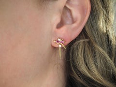 Pink Sapphire Baguette & Round Diamond Drop Earrings, Spike Earrings