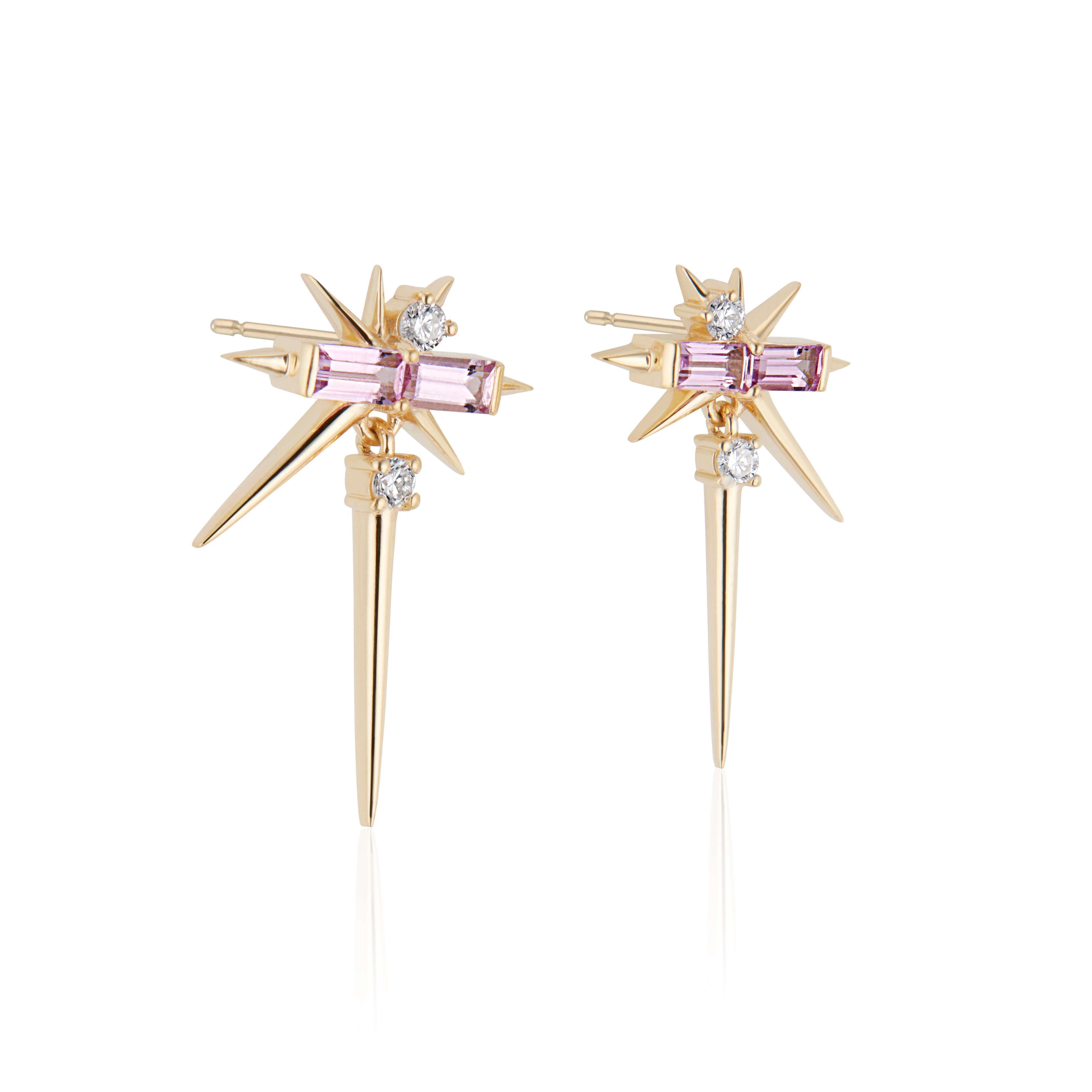 Moderne Pendants d'oreilles en saphir rose, baguette et diamant rond, boucles d'oreilles à pointes en vente