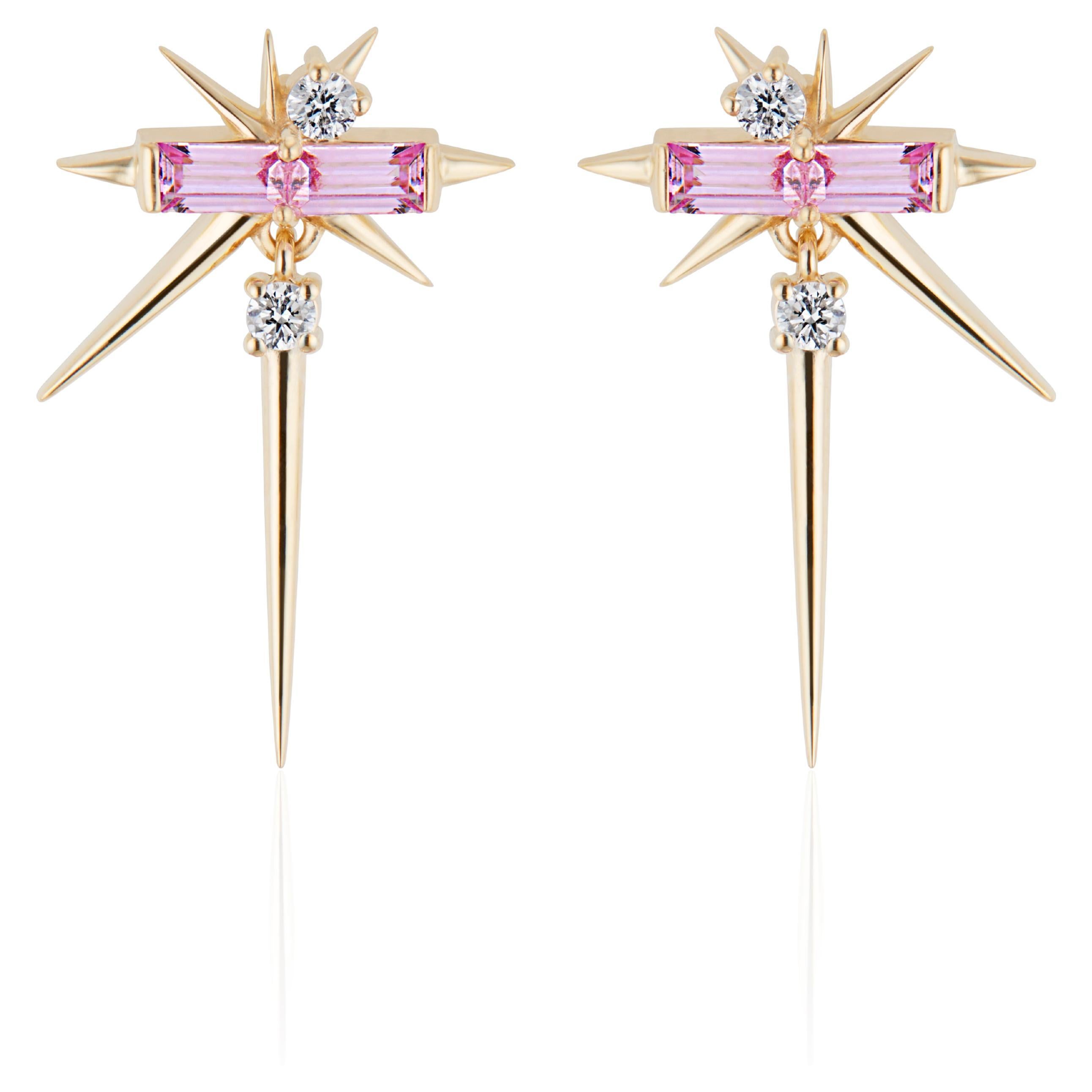 Pink Sapphire Baguette & Round Diamond Drop Earrings, Spike Earrings