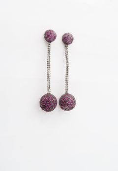 Pink Sapphire Ball Dangle Drop Earrings in 18K White Gold