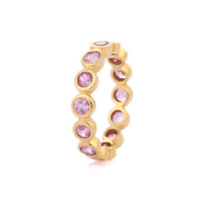 Round Cut Pink Sapphire Band Ring in 18K Yellow Gold