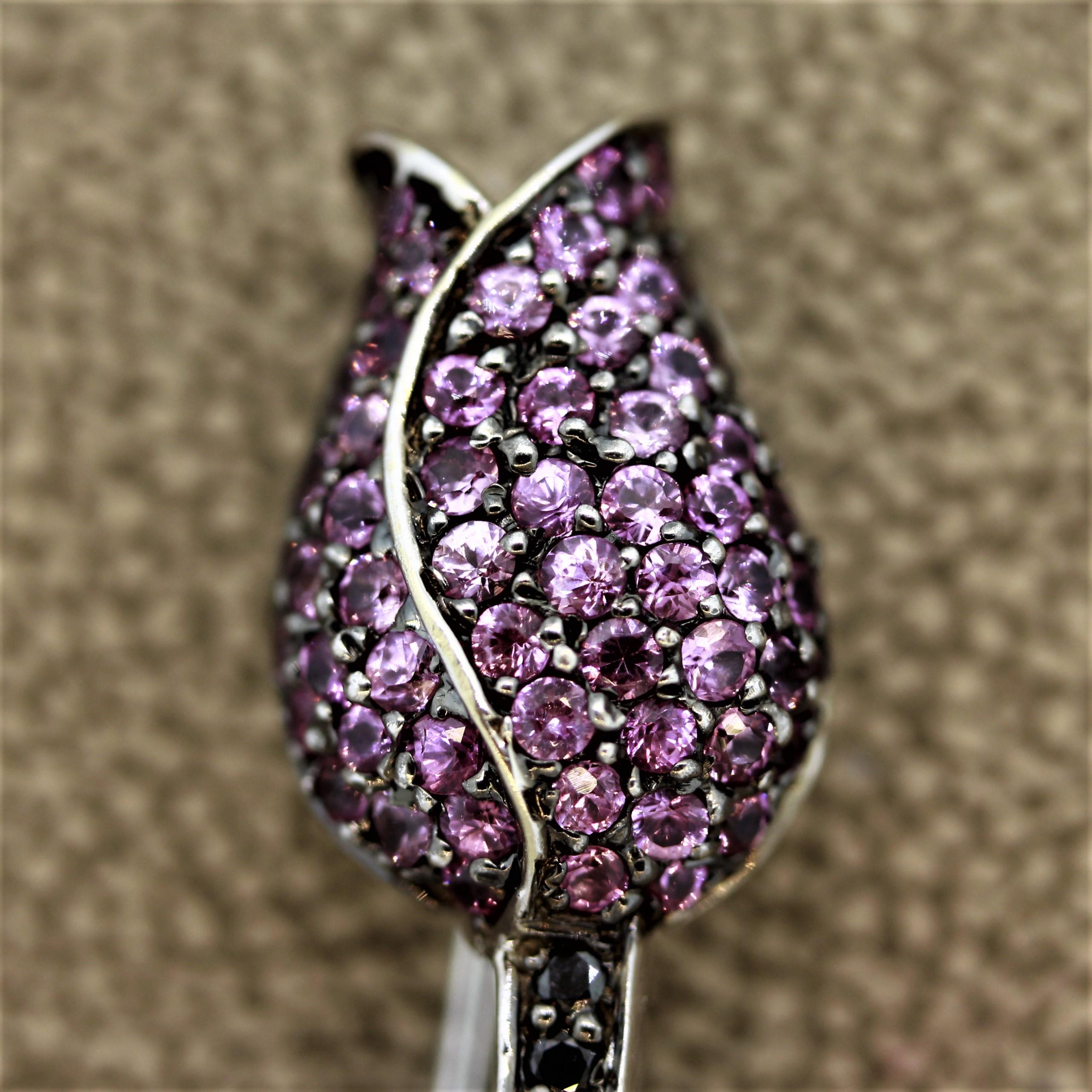 Round Cut Pink Sapphire Black and White Diamond Gold Flower Pin Brooch For Sale