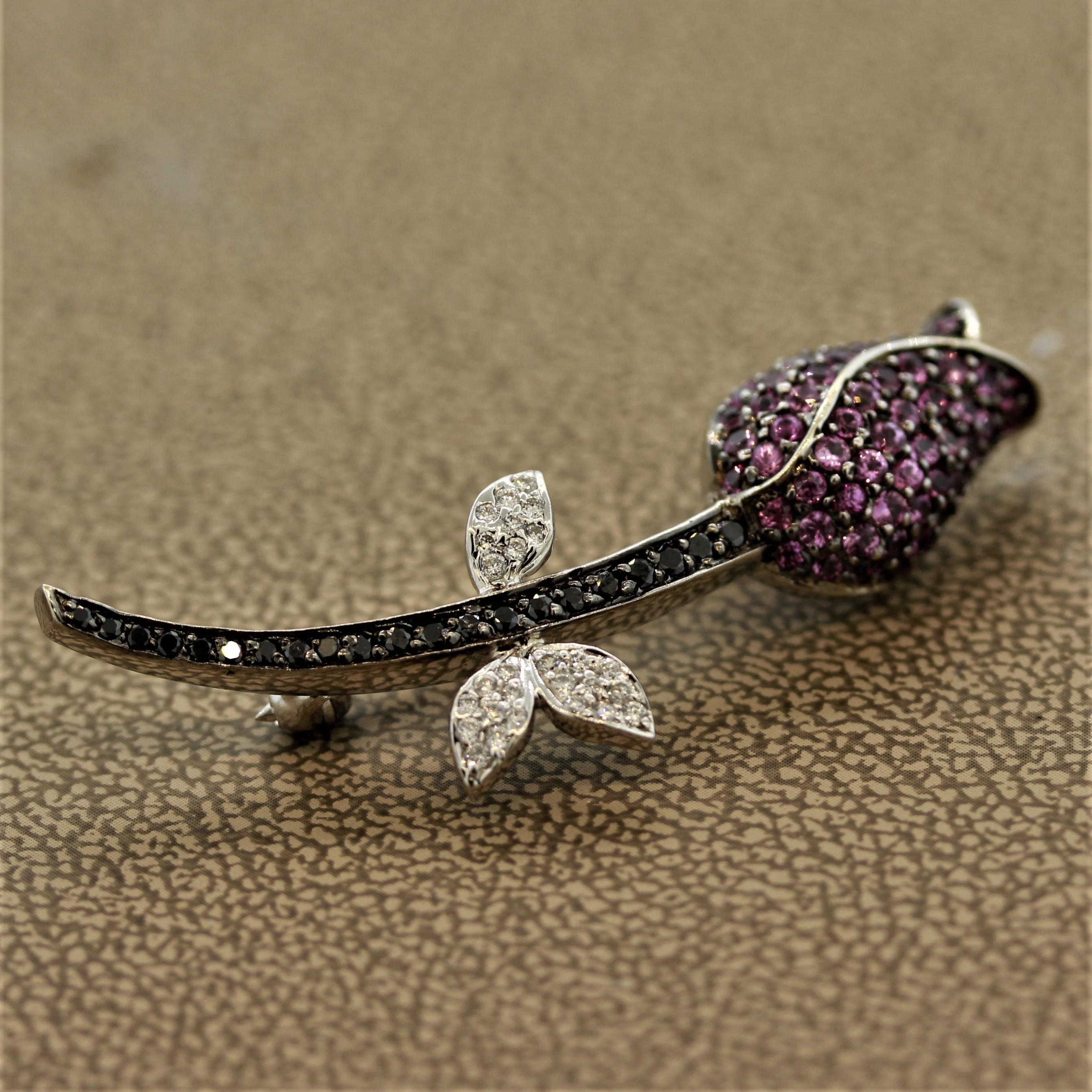 Women's Pink Sapphire Black and White Diamond Gold Flower Pin Brooch For Sale