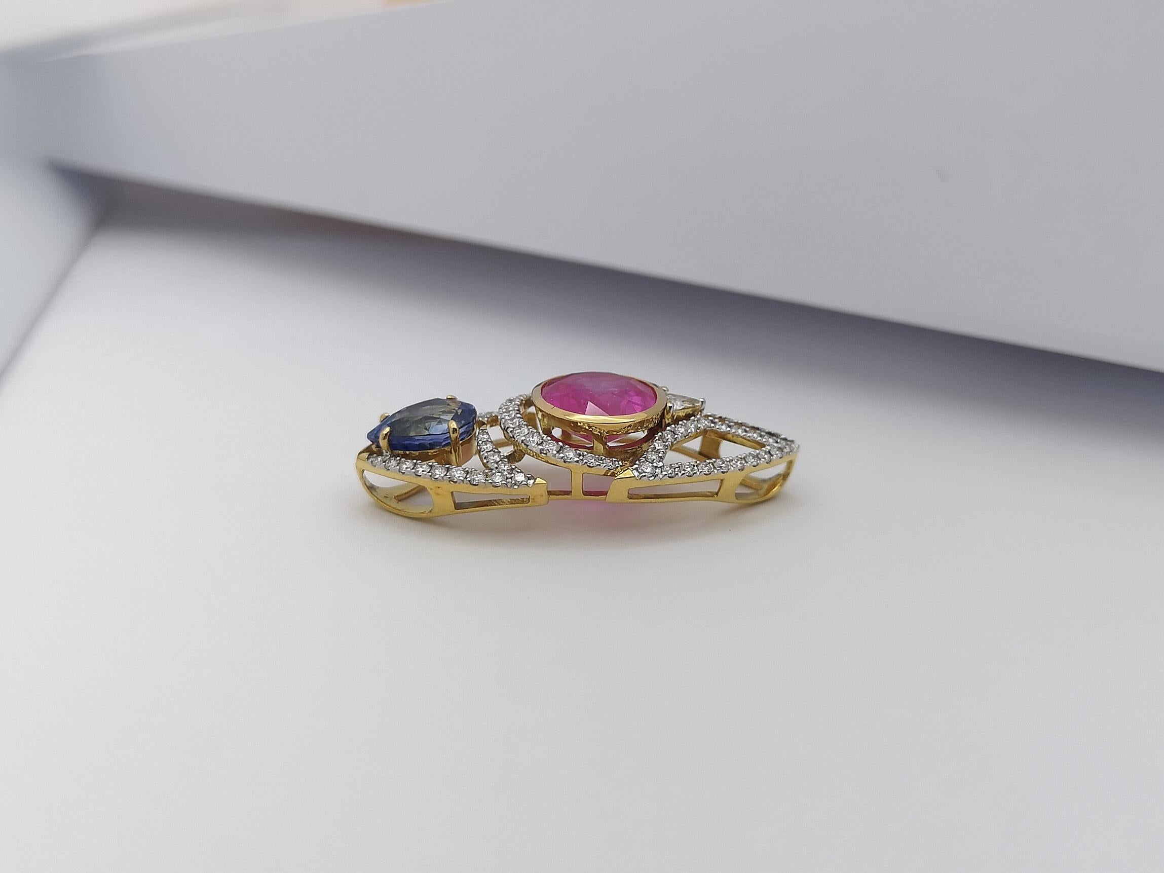 Ciondolo con zaffiro rosa, zaffiro blu e diamante incastonato in oro 18 carati in vendita 8