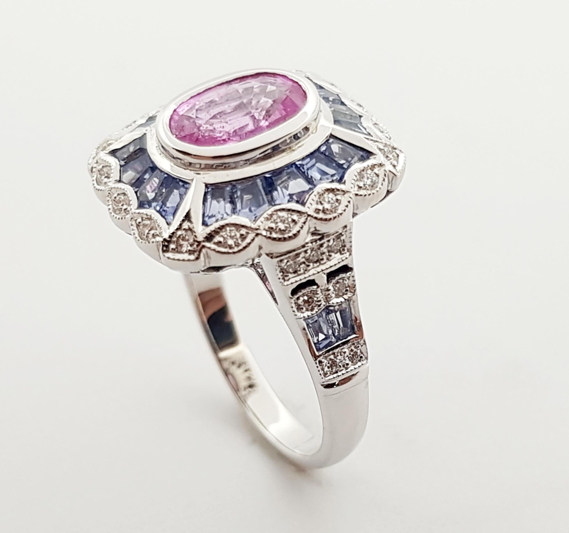 Pink Sapphire, Blue Sapphire and Diamond Ring Set in 18 Karat White Gold Setting For Sale 6
