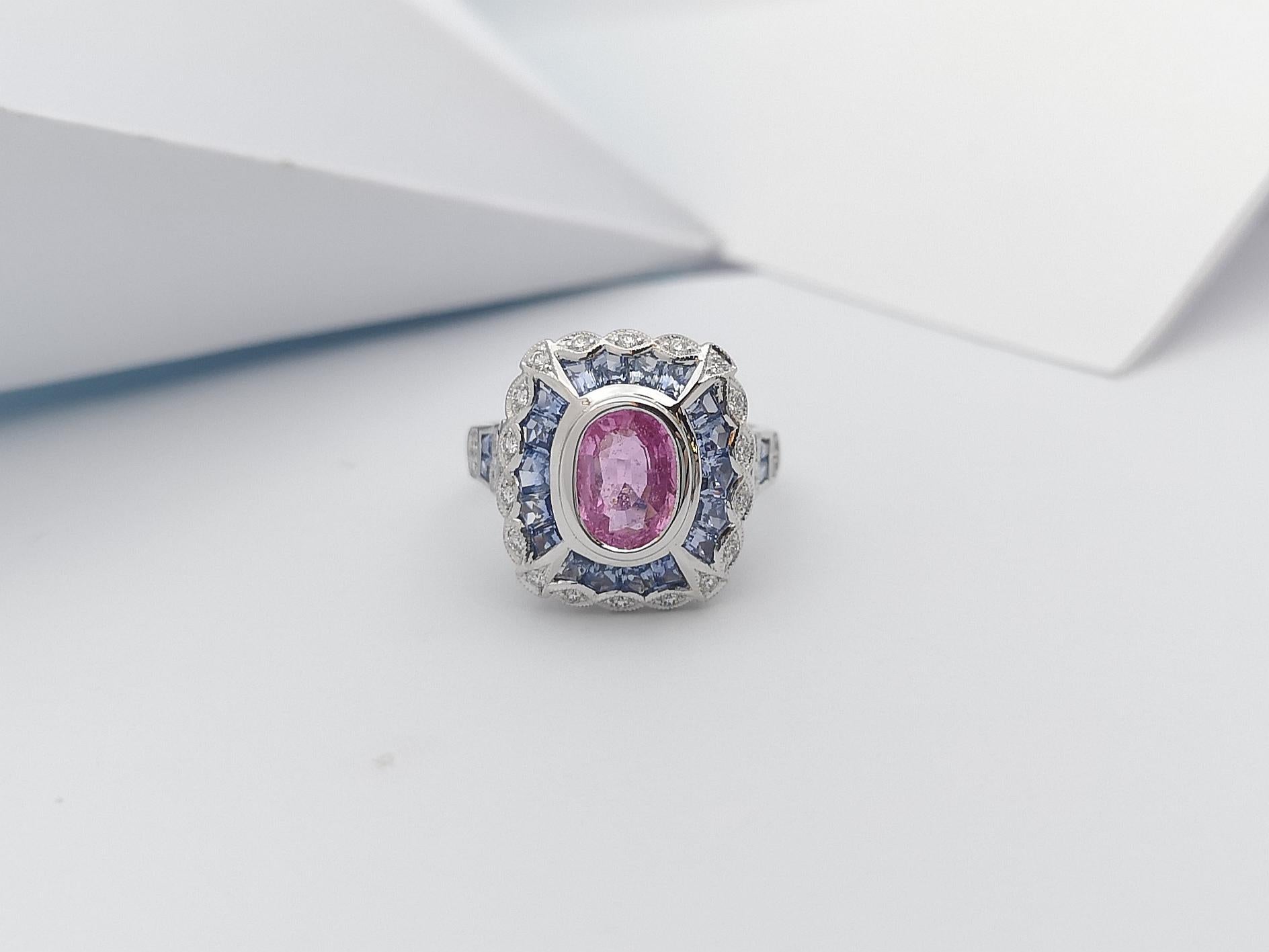Pink Sapphire, Blue Sapphire and Diamond Ring Set in 18 Karat White Gold Setting For Sale 2