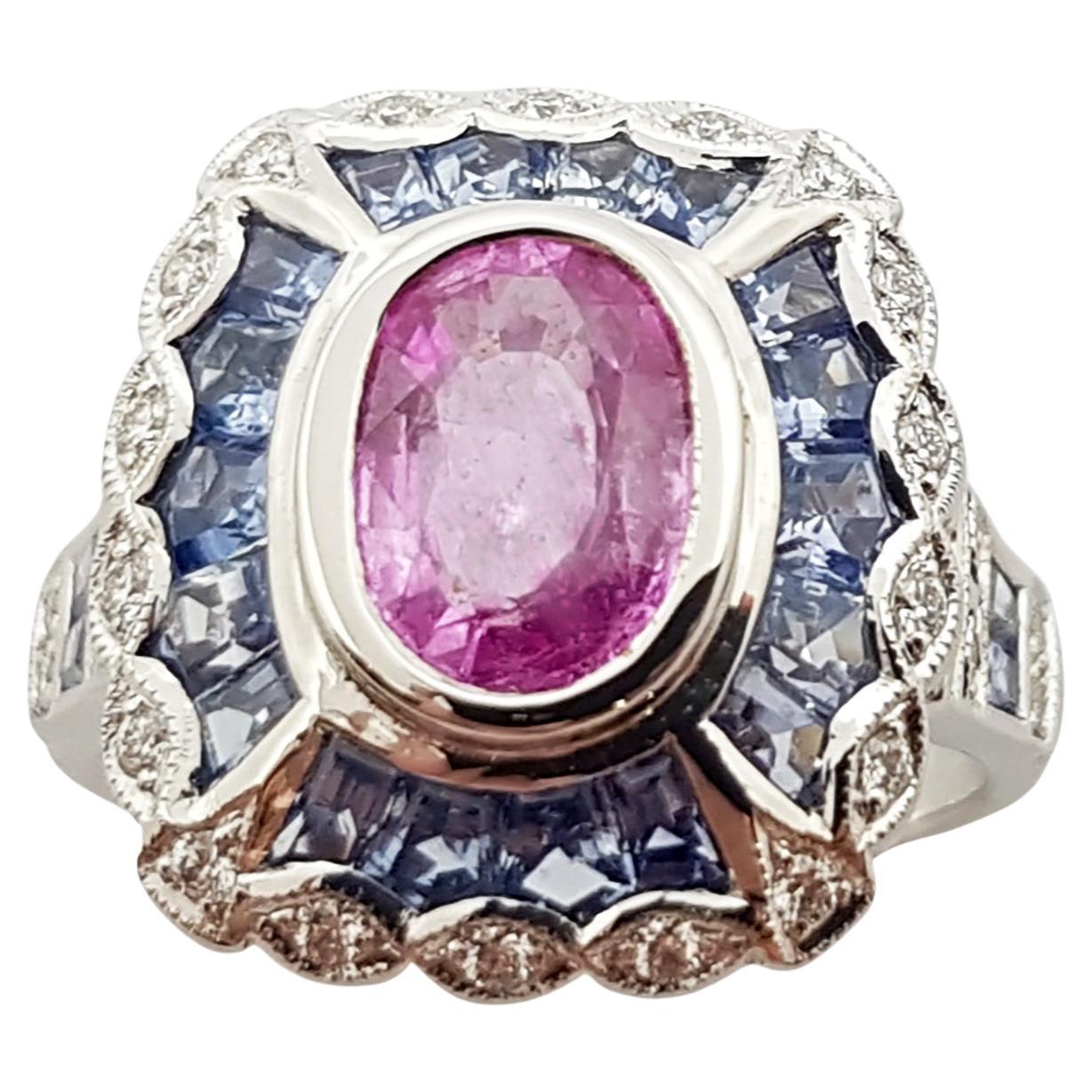 Pink Sapphire, Blue Sapphire and Diamond Ring Set in 18 Karat White Gold Setting For Sale