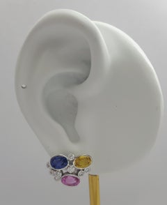 Pink Sapphire, Blue Sapphire, Yellow Sapphire, Diamond Earrings 18K White Gold