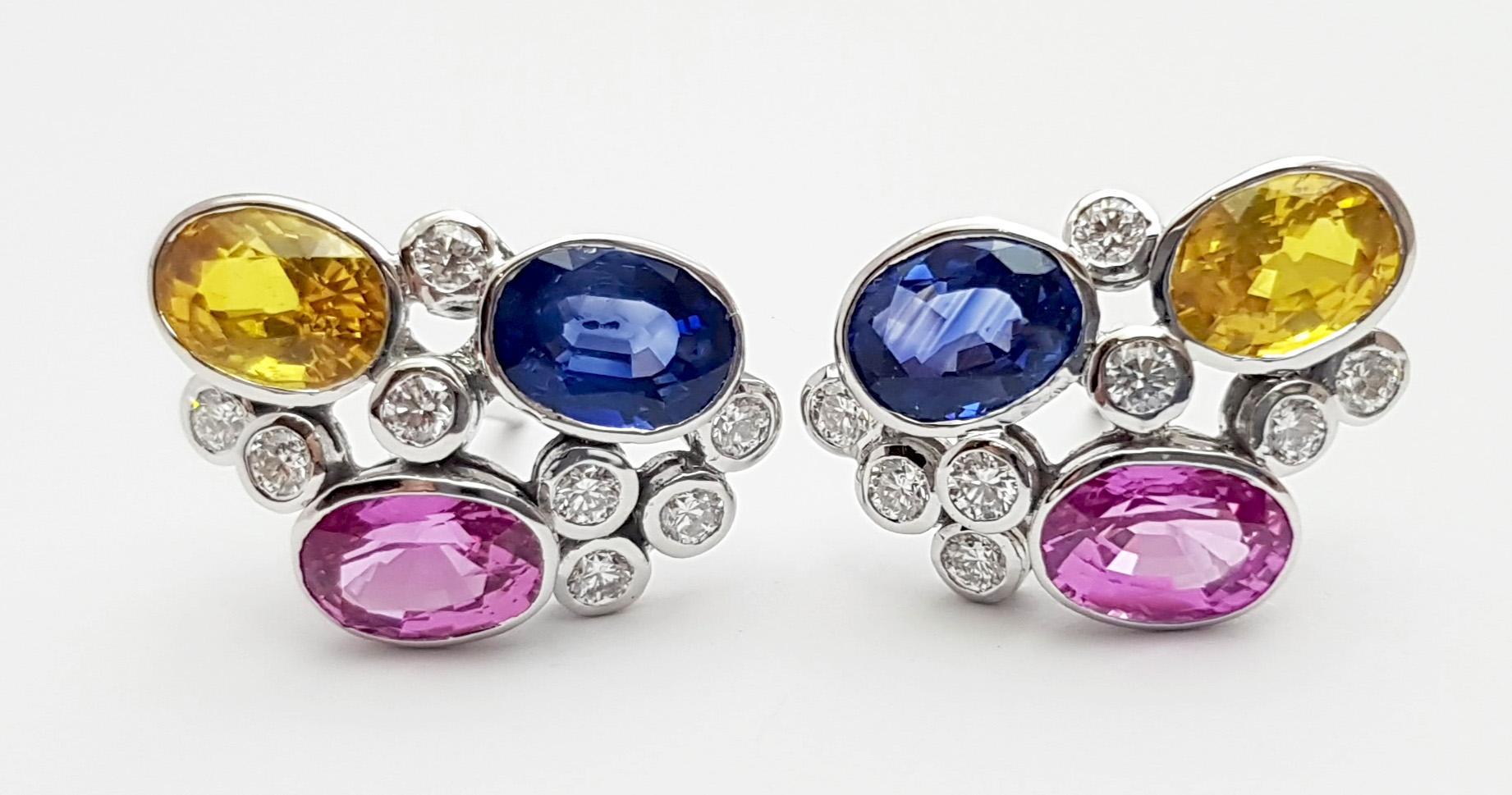 Contemporary Pink Sapphire, Blue Sapphire, Yellow Sapphire, Diamond Earrings 18K White Gold For Sale