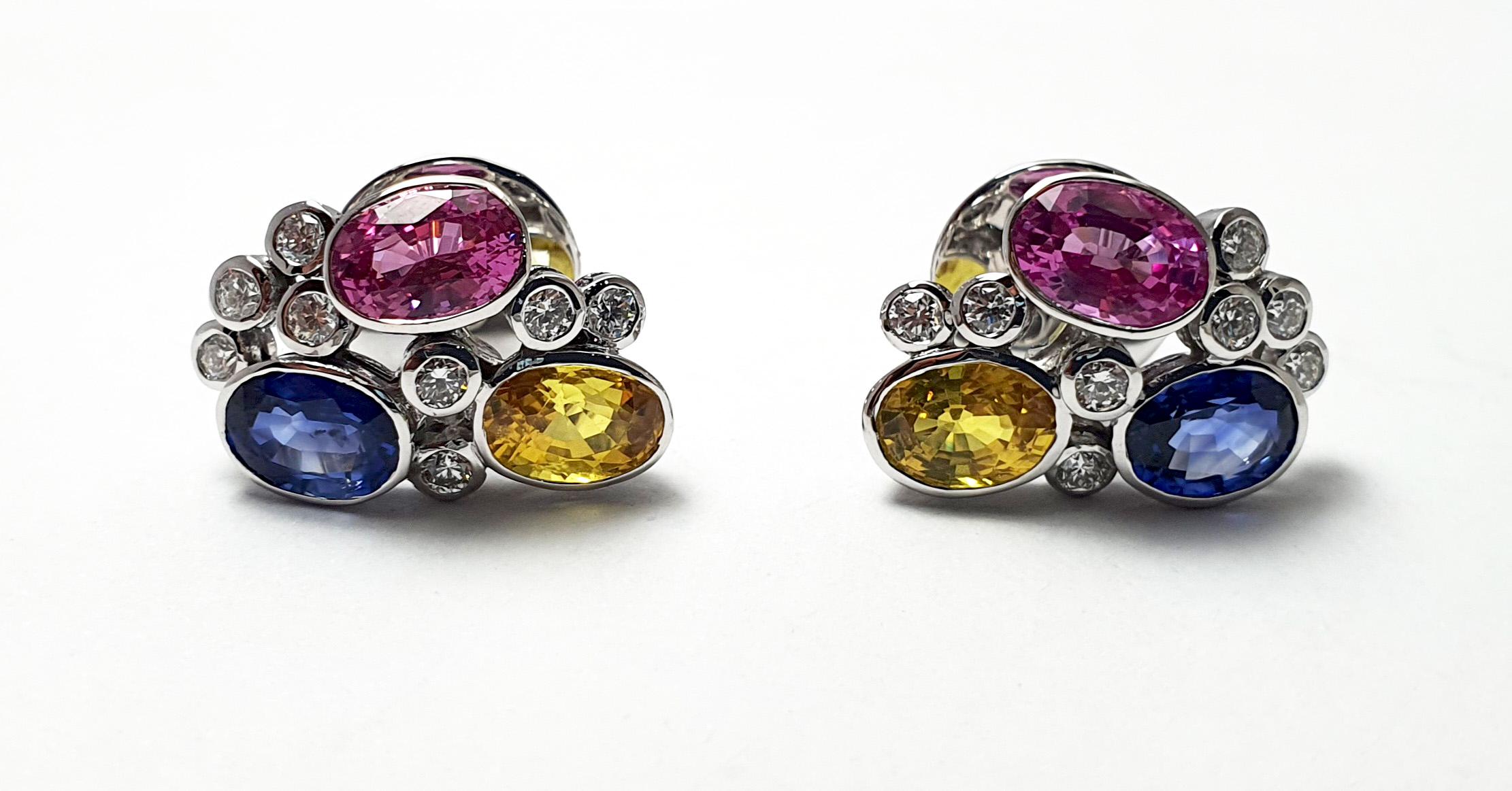 Oval Cut Pink Sapphire, Blue Sapphire, Yellow Sapphire, Diamond Earrings 18K White Gold For Sale