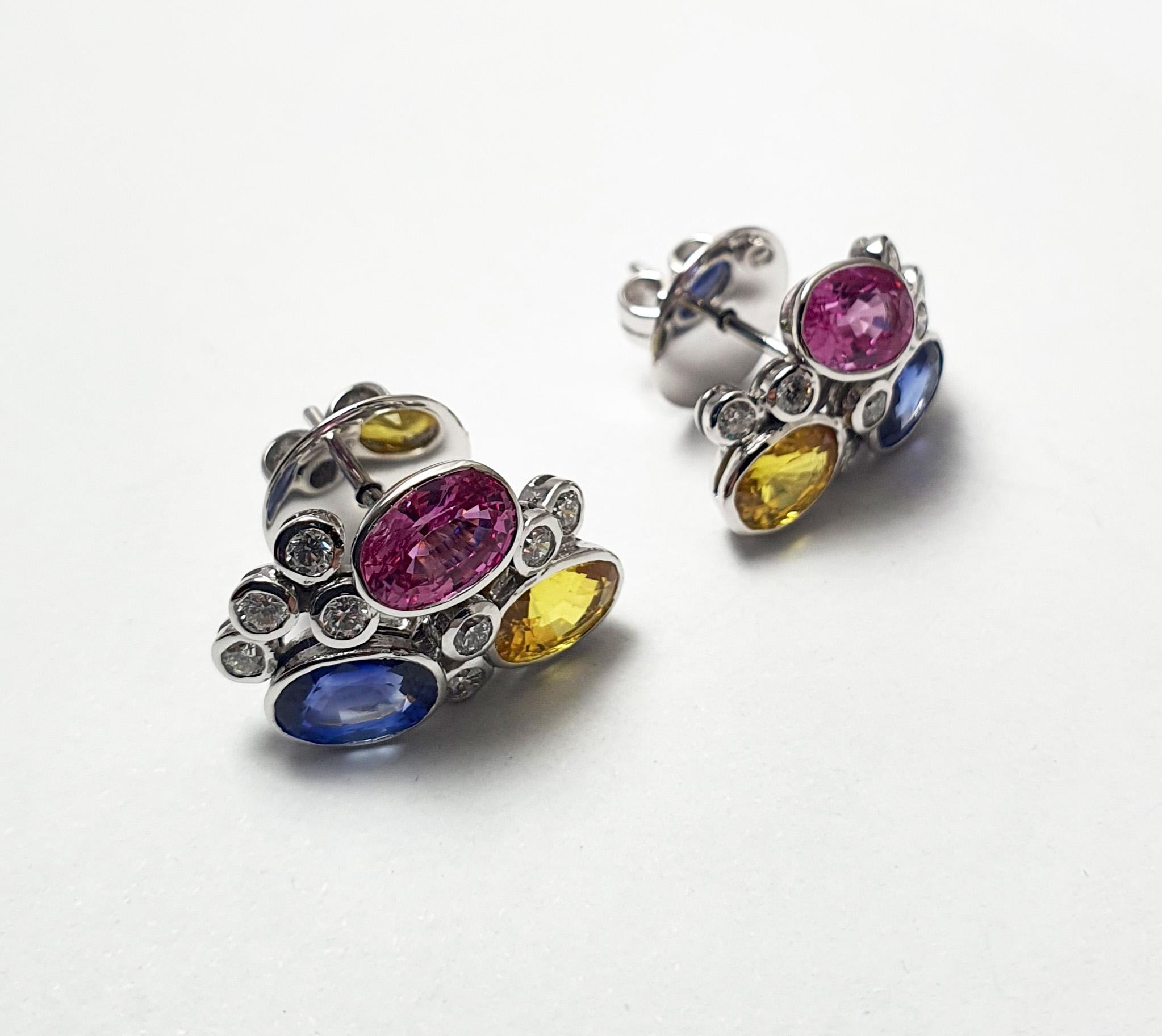 Pink Sapphire, Blue Sapphire, Yellow Sapphire, Diamond Earrings 18K White Gold In New Condition For Sale In Bangkok, TH