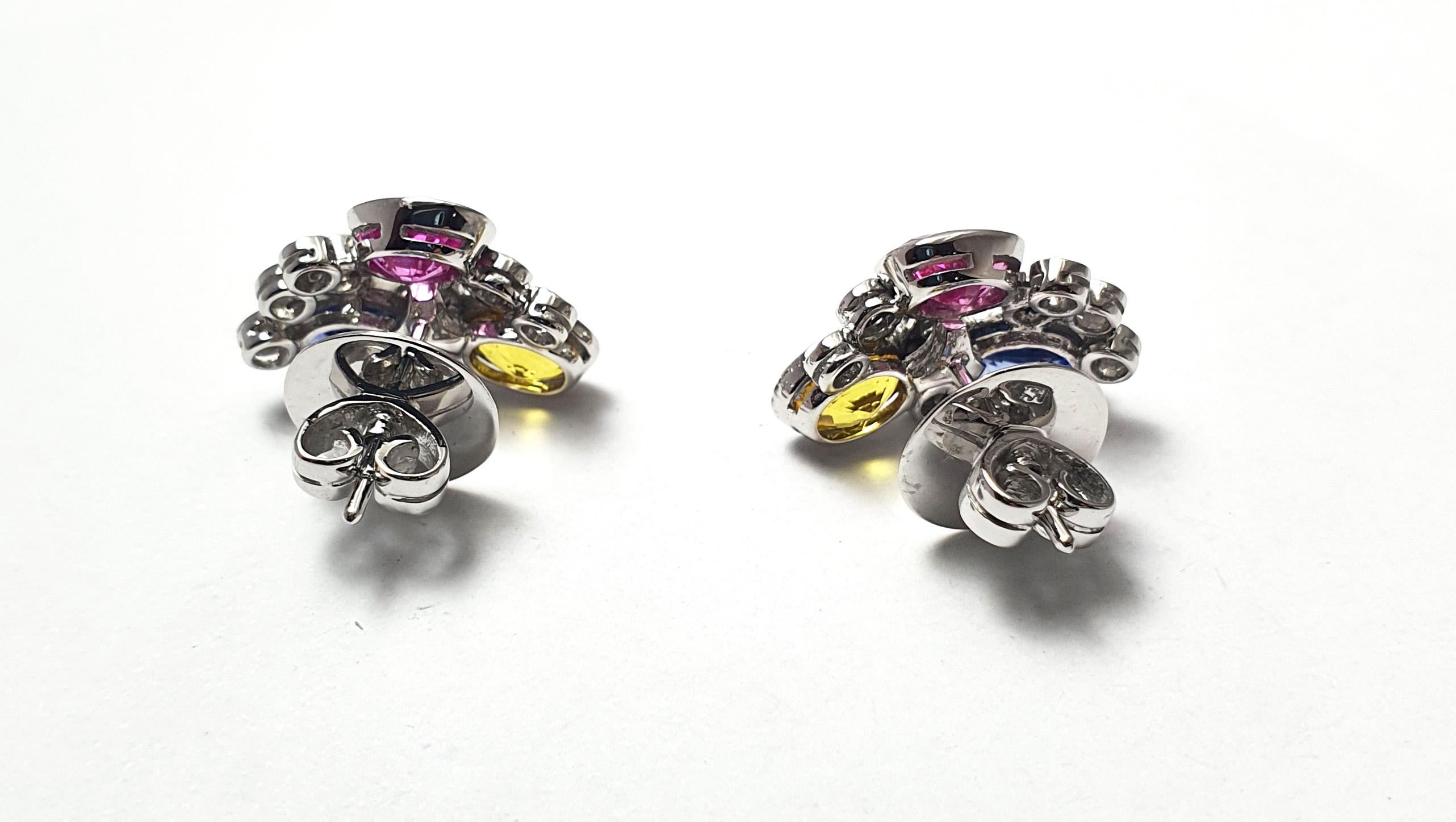 Women's Pink Sapphire, Blue Sapphire, Yellow Sapphire, Diamond Earrings 18K White Gold For Sale