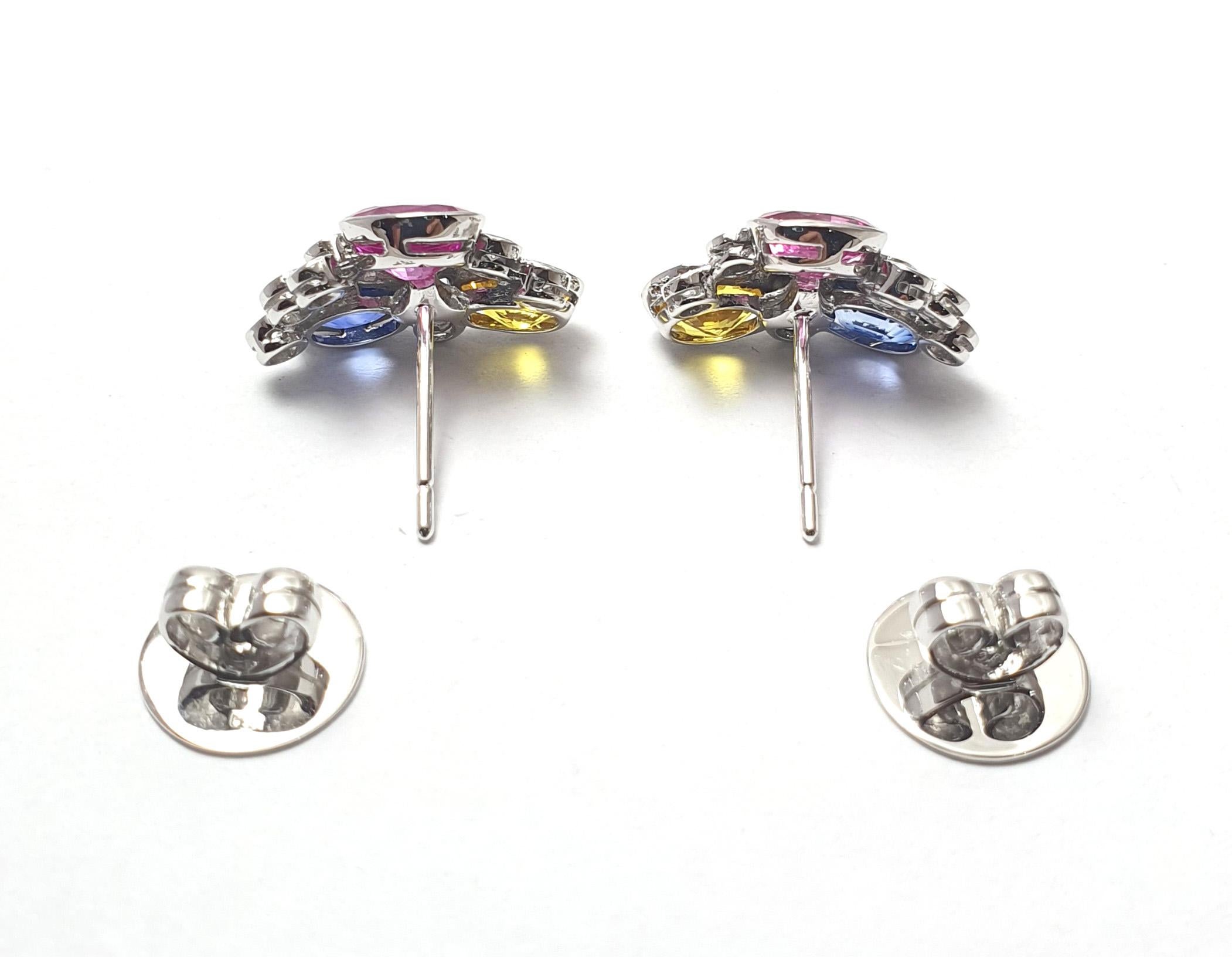 Pink Sapphire, Blue Sapphire, Yellow Sapphire, Diamond Earrings 18K White Gold For Sale 1