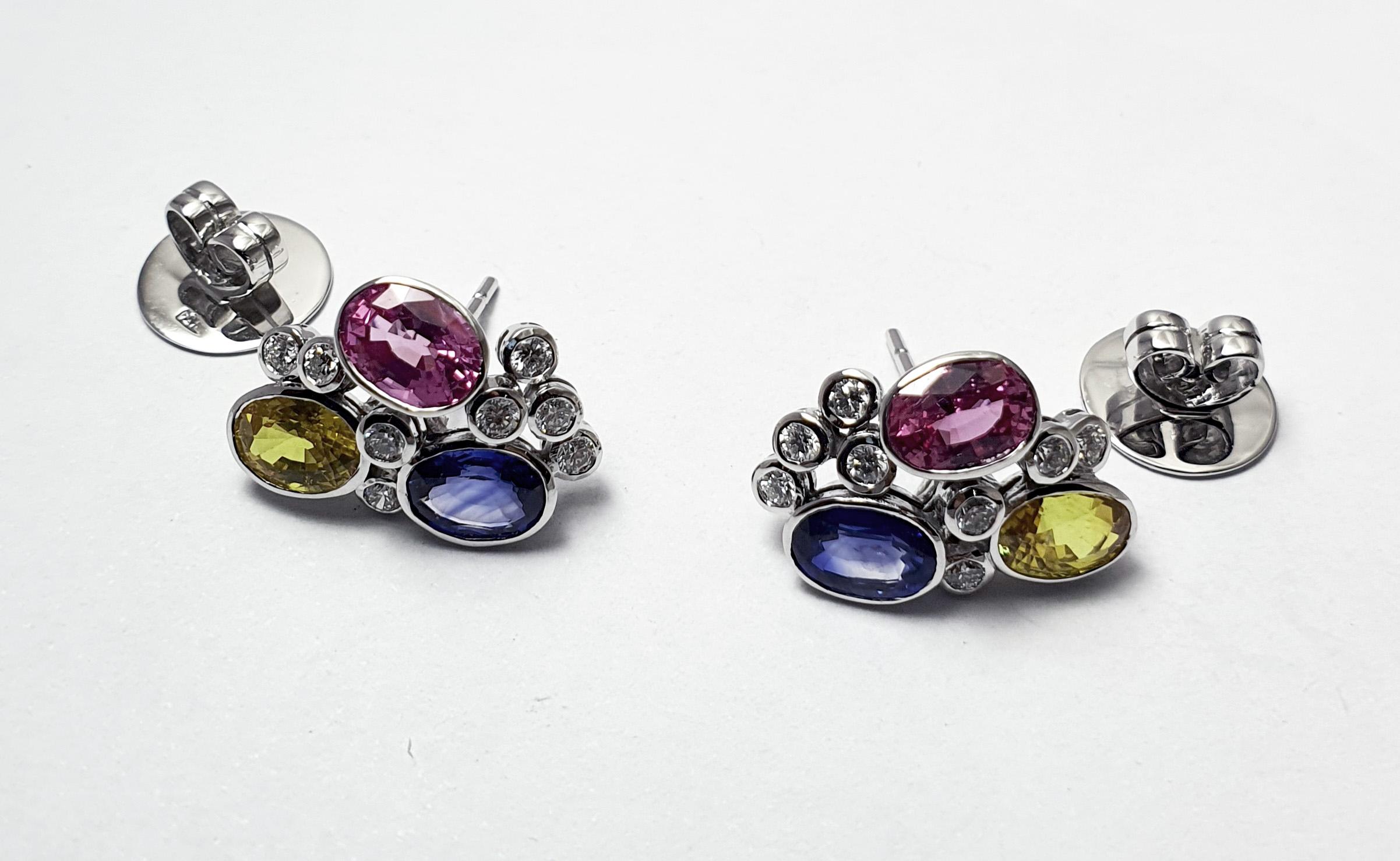Pink Sapphire, Blue Sapphire, Yellow Sapphire, Diamond Earrings 18K White Gold For Sale 2