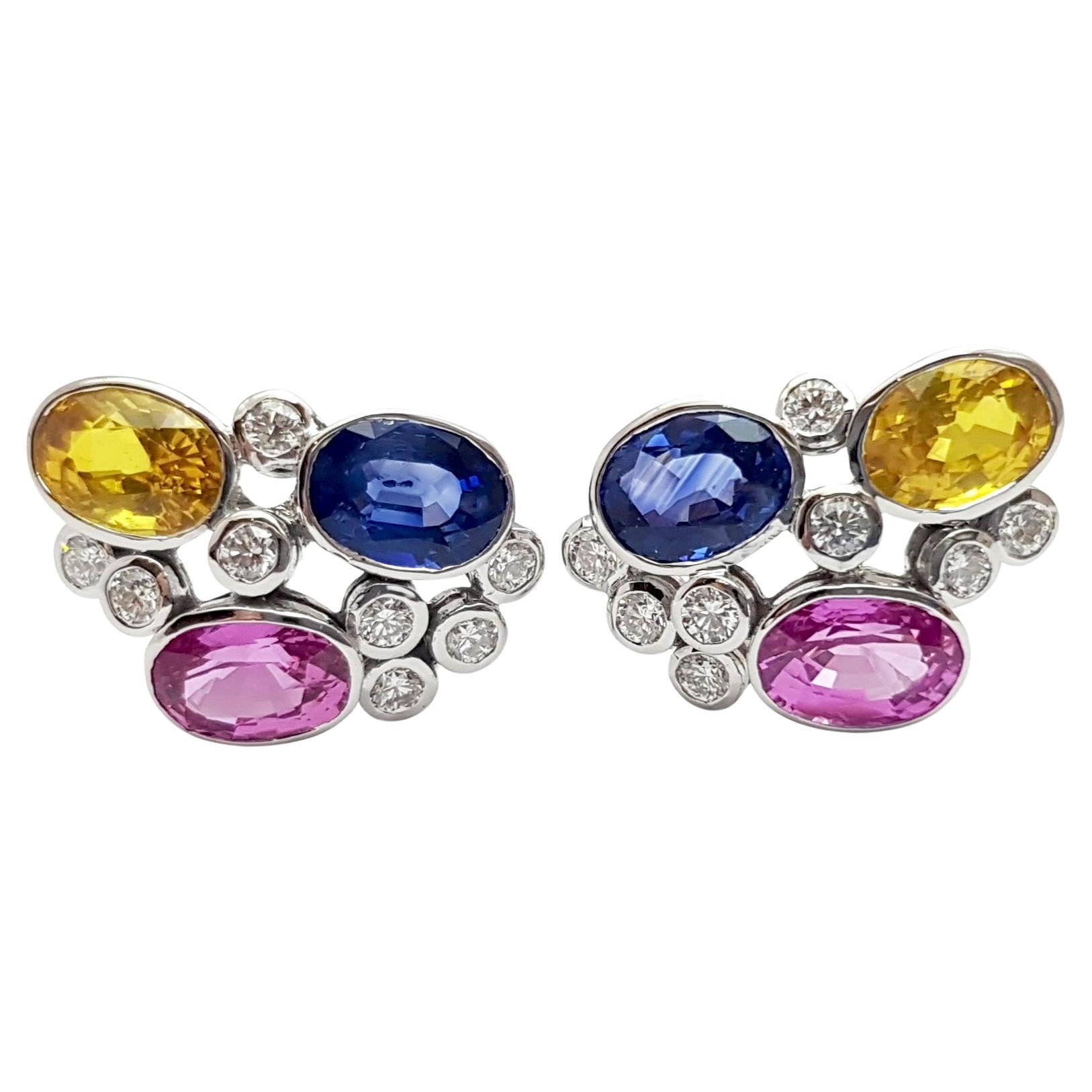 Pink Sapphire, Blue Sapphire, Yellow Sapphire, Diamond Earrings 18K White Gold