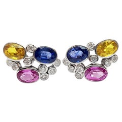 Pink Sapphire, Blue Sapphire, Yellow Sapphire, Diamond Earrings 18K White Gold