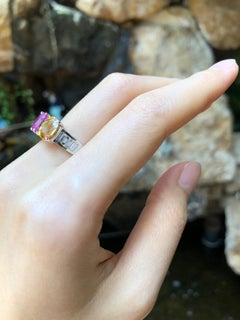 Pink Sapphire, Blue Sapphire, Yellow Sapphire Ring 18 Karat White Gold Settings