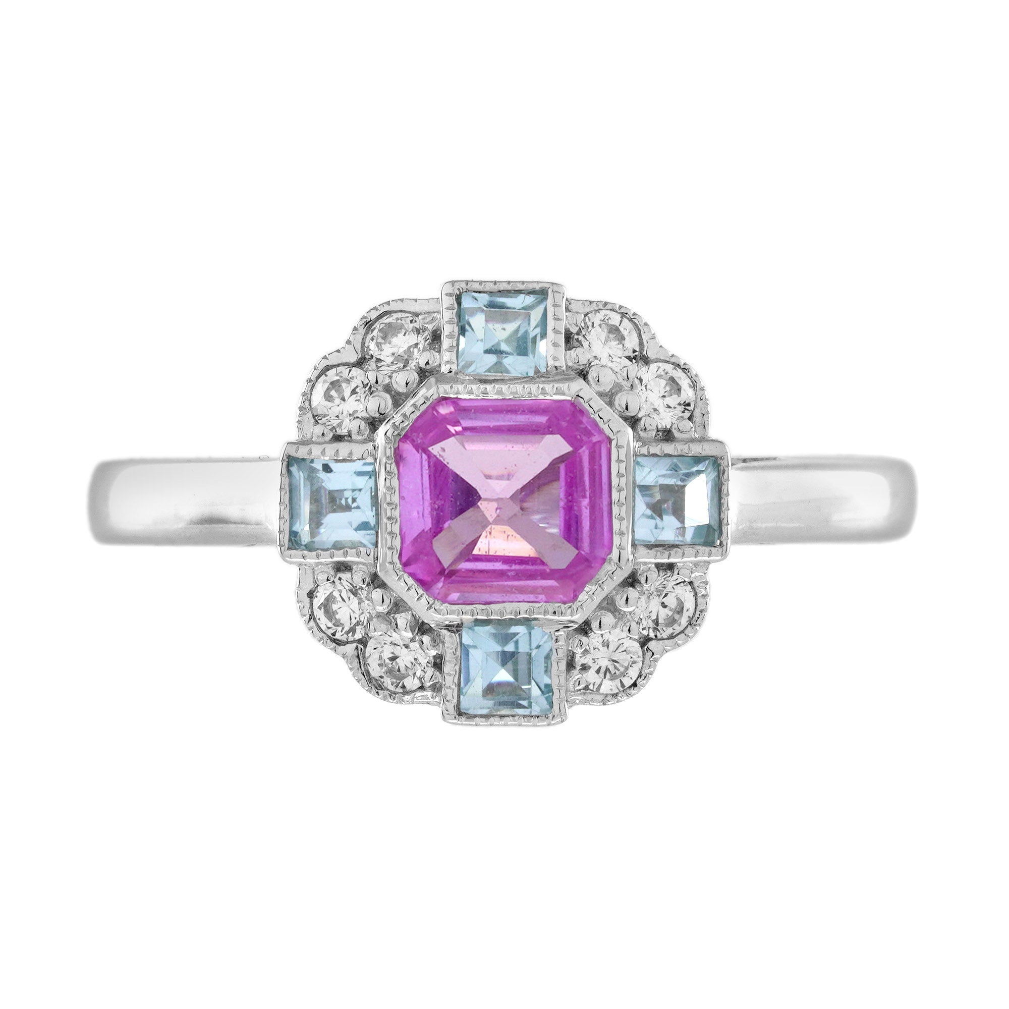 Pink Sapphire Blue Topaz Diamond Art Deco Style Engagement Ring in 14K Gold